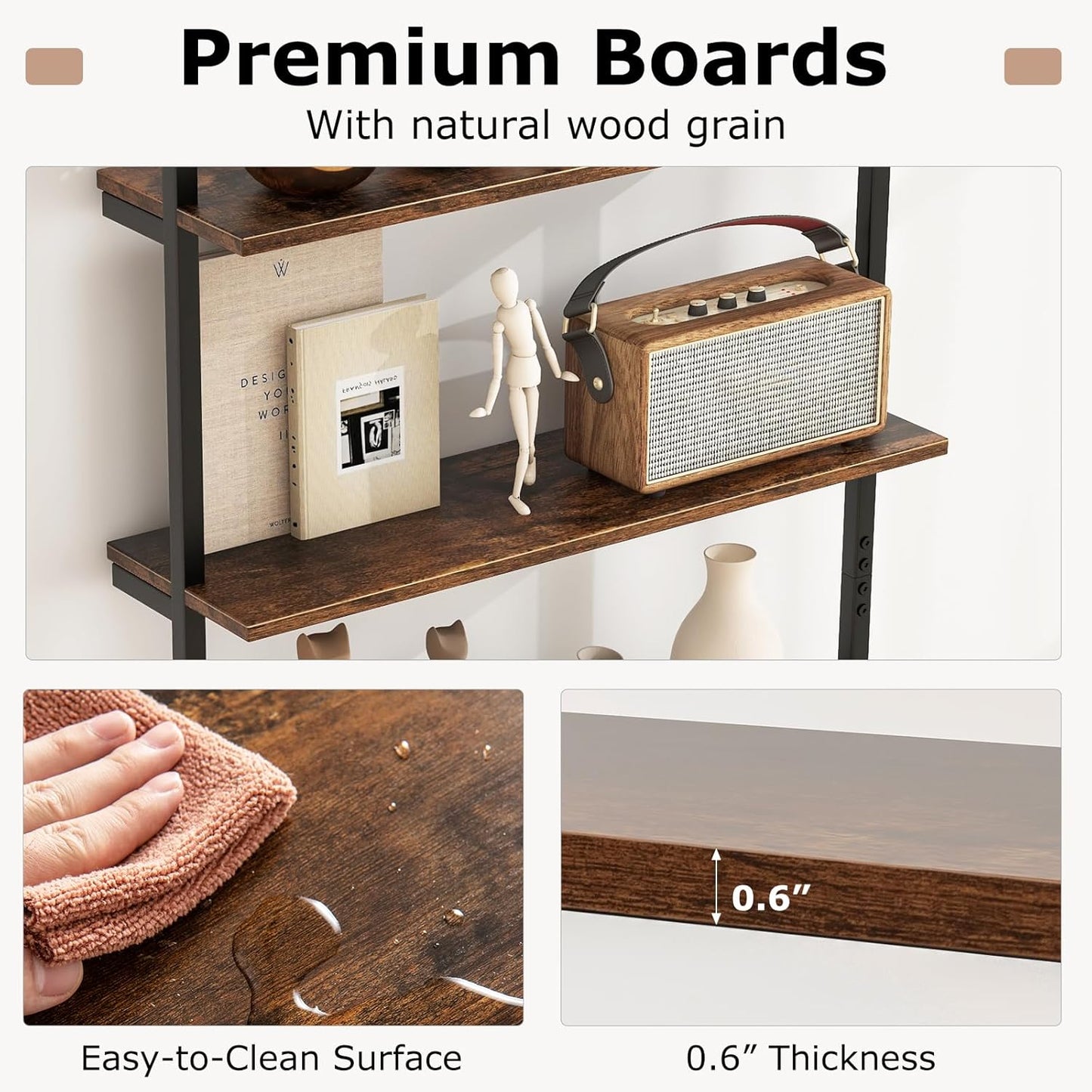 Giantex 4-Tier Industrial Bookshelf, Wall Mounted Pipe Shelving Unit, Floating Shelves with Metal Frame, Hanging Wall Display Shelf, Wood Ladder Bookshelf for Living Room, Kitchen, Rustic Brown