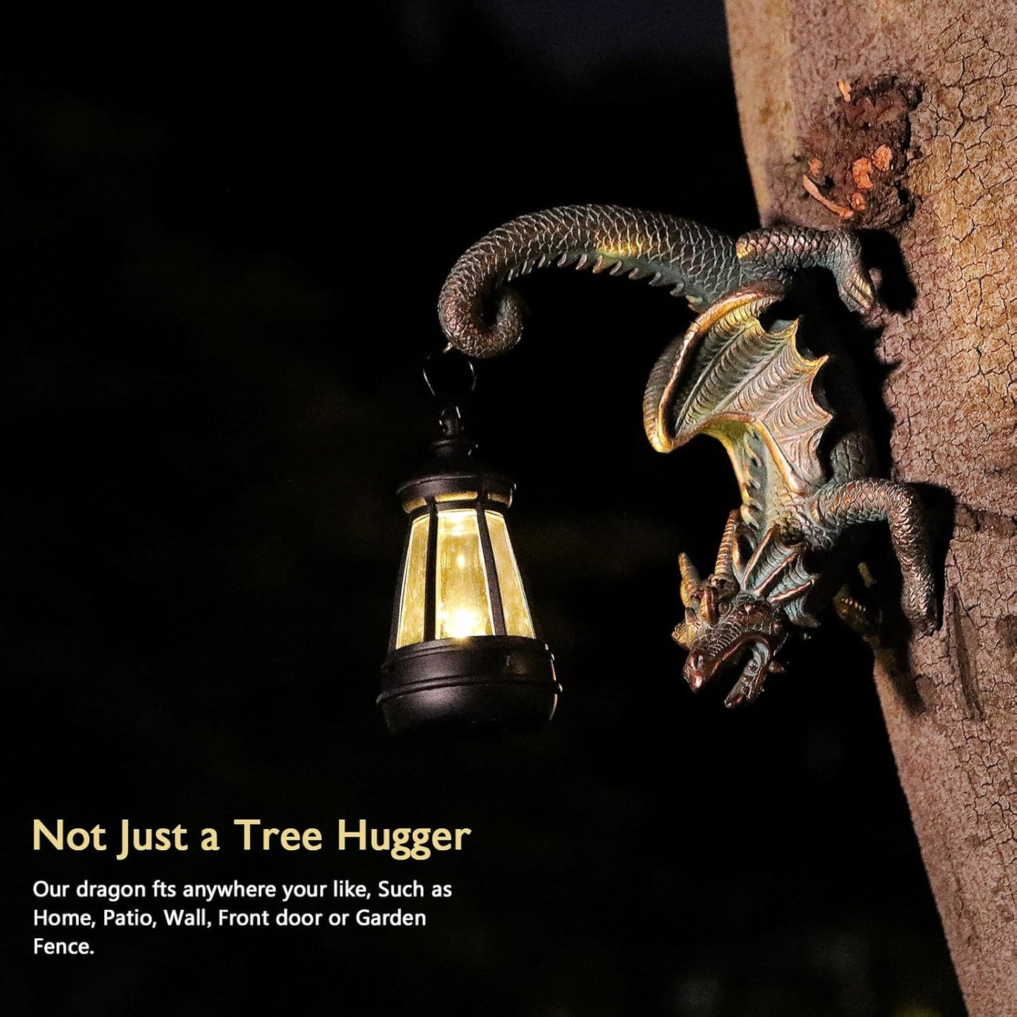 Solar Dragon Tree Hugger Statue Wall Decor - Gothic Garden Statue with Solar Lantern, Outdoor&Yard Decor, Fantasy Dragon Figurine for Trees, Walls, or Fences - Unique Gift for Adults, Men & Women