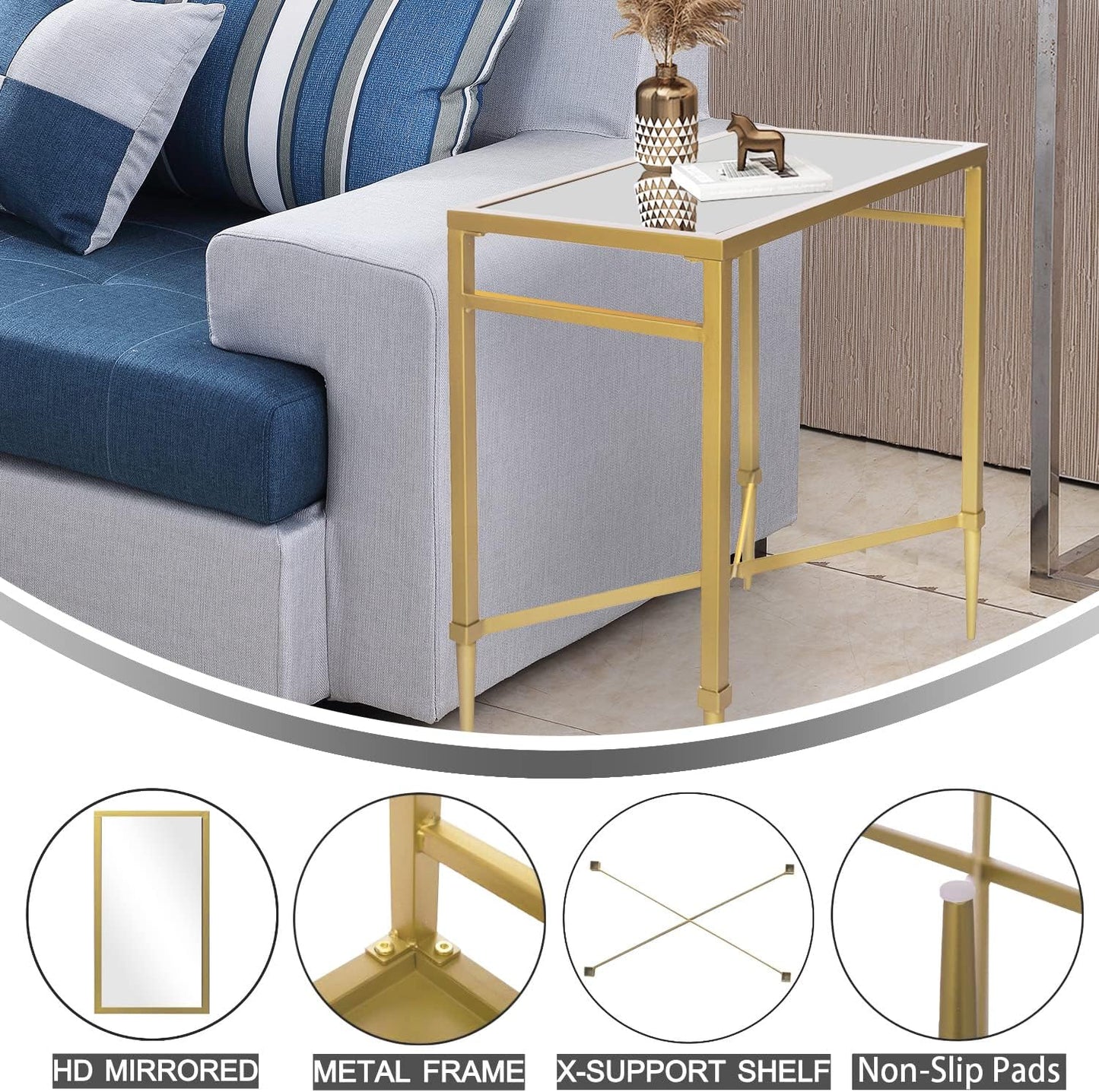 Gold End Table, Rectangle Side Table with Mirrored Top, Modern Metal End Table, Small Narrow Side Table for Living Room, Balcony, 22" L x 12.4" W x 24" D