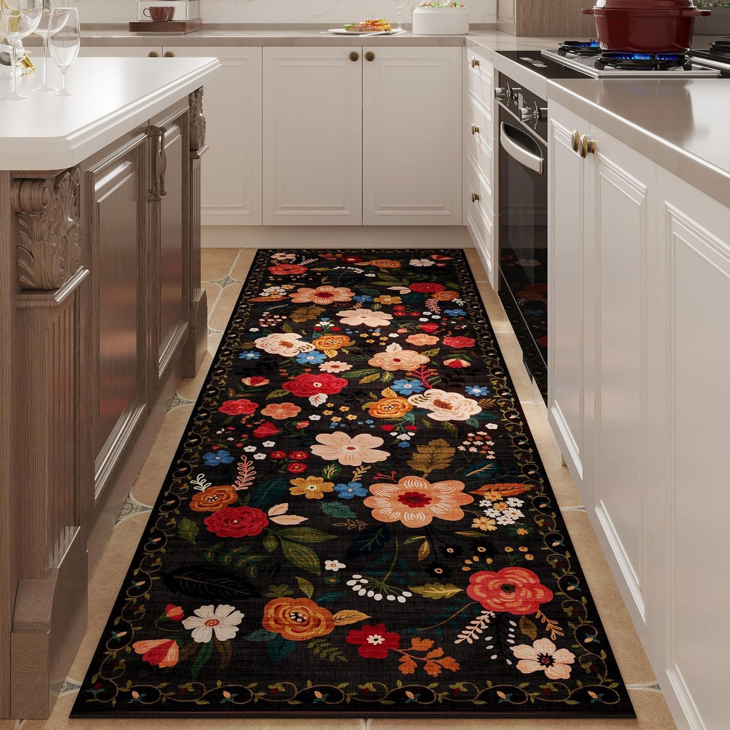 Runner Rug for Hallways Kitchen Rug Non Slip 2'6''x8' Washable Runner Rugs with Rubber Backing Soft Floral Carpet Runner for Hallways, Kitchen, Laundry, Bedroom, Bathroom(Black)