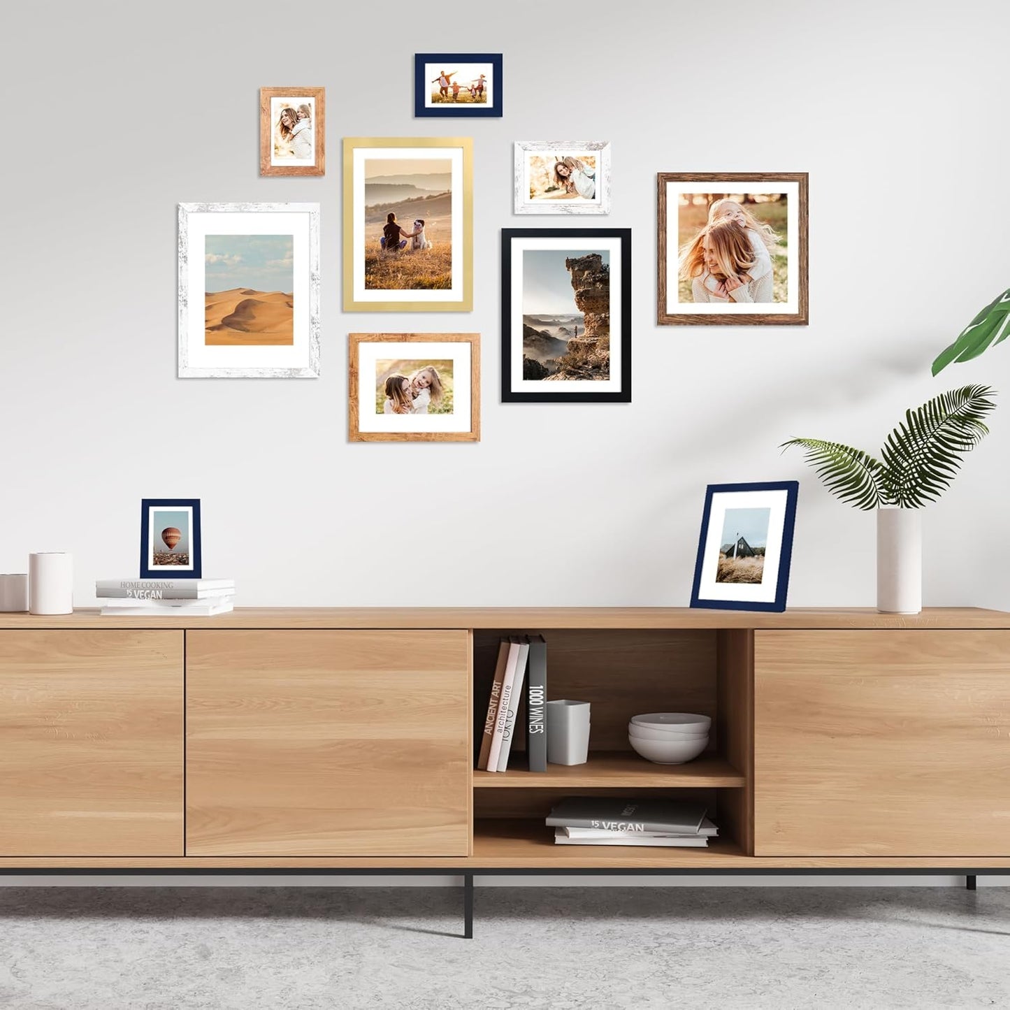 11x14 Picture Frame Set of 4, 11 x 14 Wood Photo Frames with Mat for 8x10, Natural Wooden Frame with Real Glass Cover for Wall and Tabletop Display,Blue