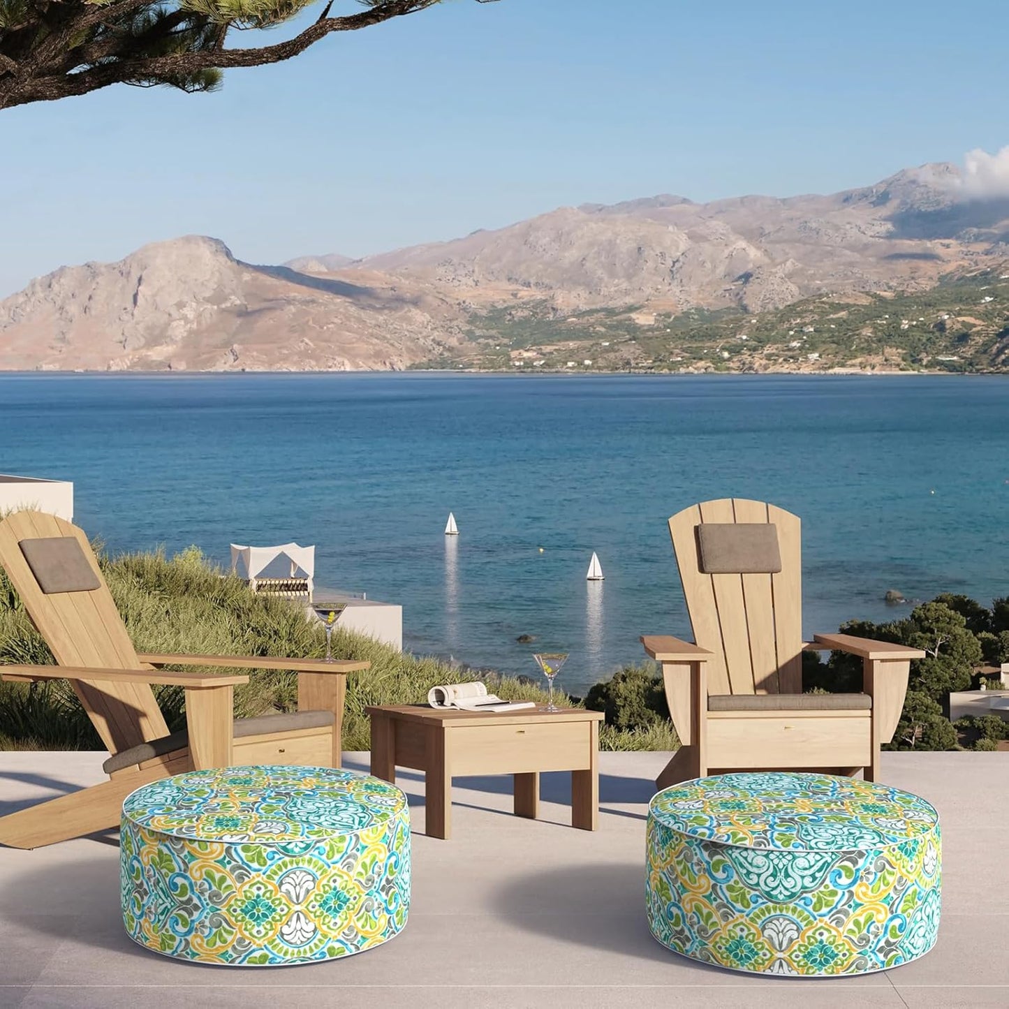 Inflatable Ottoman Stool D21 xH9 for Outdoor/Indoor Use, Water Repellent Patio Foot Rest Stool with Portable Handle,Round Pouf Ottoman Suitable for Garden,Deck and Camping - Damask Green