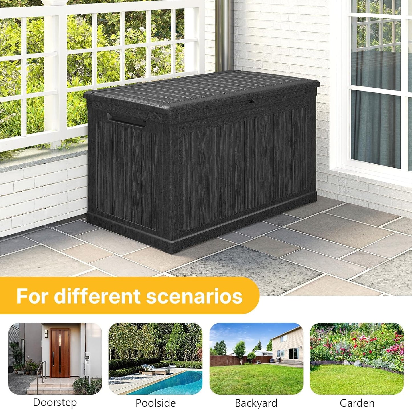 230 Gallon Deck Box Outdoor Waterproof, Large Storage Box Lockable, Black Deck Storage Bench, 440 lbs Load Capacity Outdoor Storage Bin for Garden, Patio, Pool, Boat