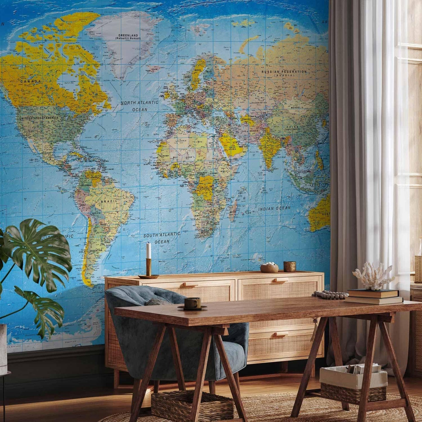 artgeist Wall Mural World Map 193x138 in - XXL Peel and Stick Self-Adhesive Wallpaper Removable Large Sticker Foil Wall Decor Print Picture Image Design Map of The World k-A-0109-a-a