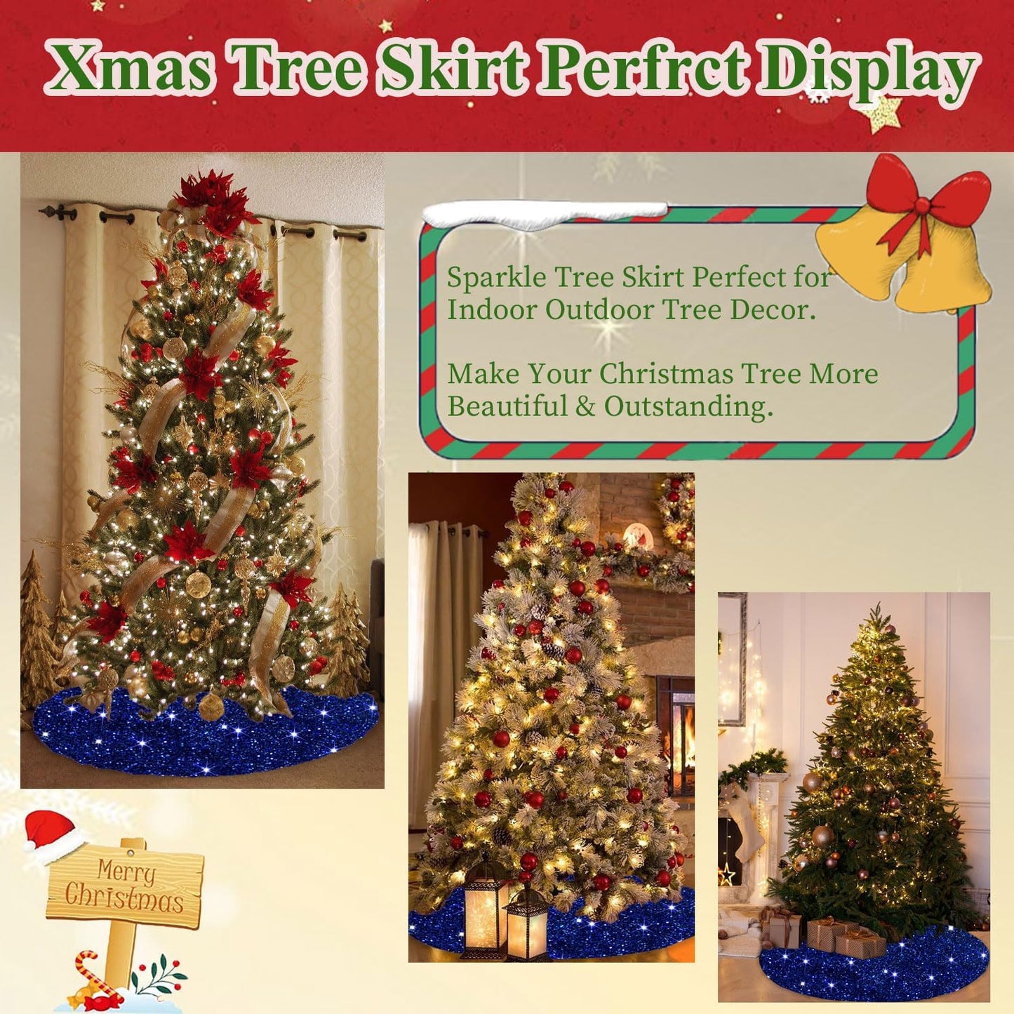 MODFUNS Blue Christmas Tree Skirt 46 Inches Sequin Xmas Tree Skirt Sparkly Tree Mat Round Velvet Tree Skirts Christmas Ornaments Halloween Tree Cover Skirt for Family Embroidery Metallic Tree Base Mat