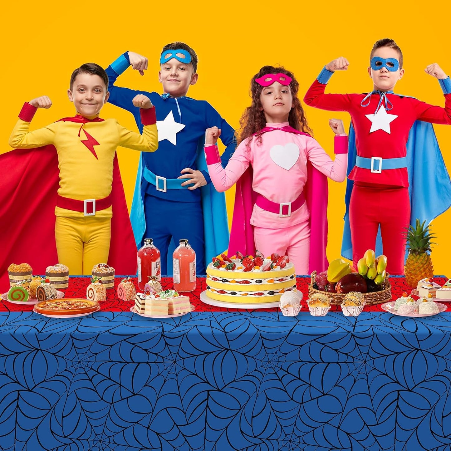 4Pcs Spider Web Themed Birthday Party Tablecloths Decorations,Mix Blue and Red Hero Plastic Table Cover Disposable Rectangle Table Cloth for Baby Shower Kids Boys Birthday Party Supplies,54x108 Inch