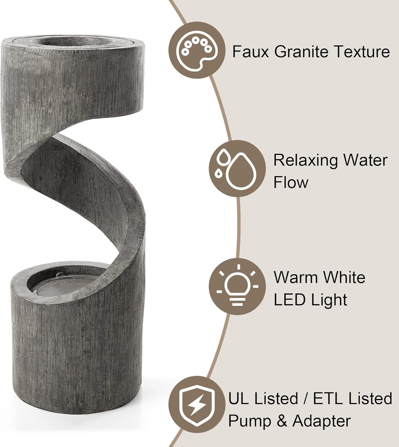 Glitzhome Tiered Outdoor Water Fountain with LED Light, Curved Outdoor Fountain Waterfall with Stone Planter, Freestanding Spiral Outdoor Garden Water Fountains, 31.3”H