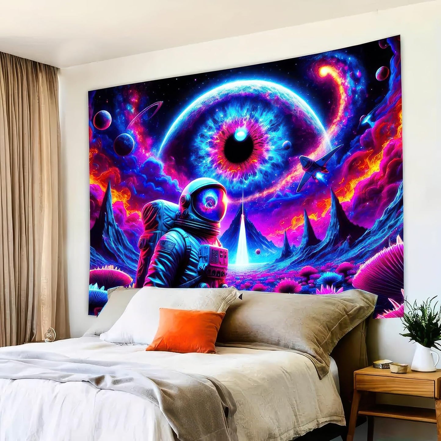 BlissYard Blacklight Astronaut Tapestry UV Reactive Tapestry 78x59 Inch Black Light Galaxy Planet Tapestry Glowing Tapestry Large Neon Tapestry Wall Hanging for Home Living Room Bedroom Decor