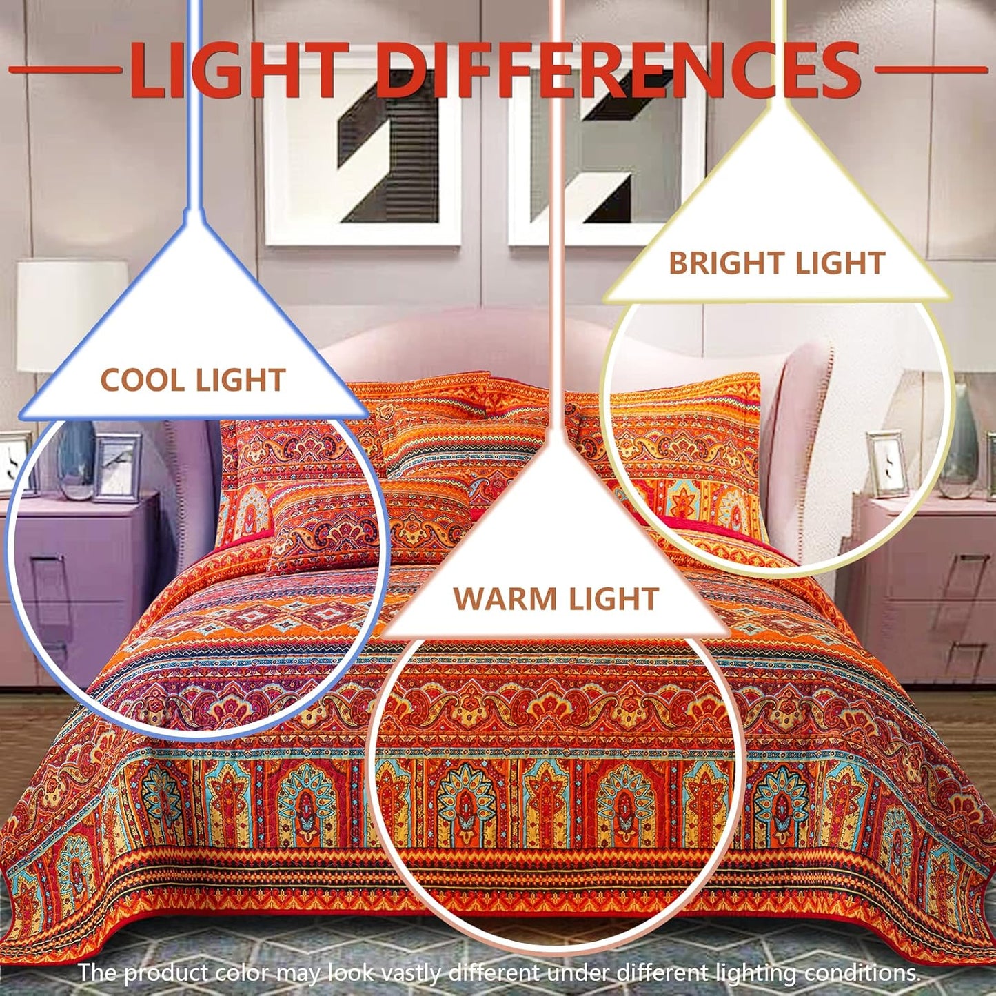 VAPUTAR Cotton Quilt Queen Size Bedding Set - 3 Pieces, Boho Queen Size Quilts, Lightweight Reversible Coverlets Bedspreads for Farmhouse Bedroom (Red/Orange)