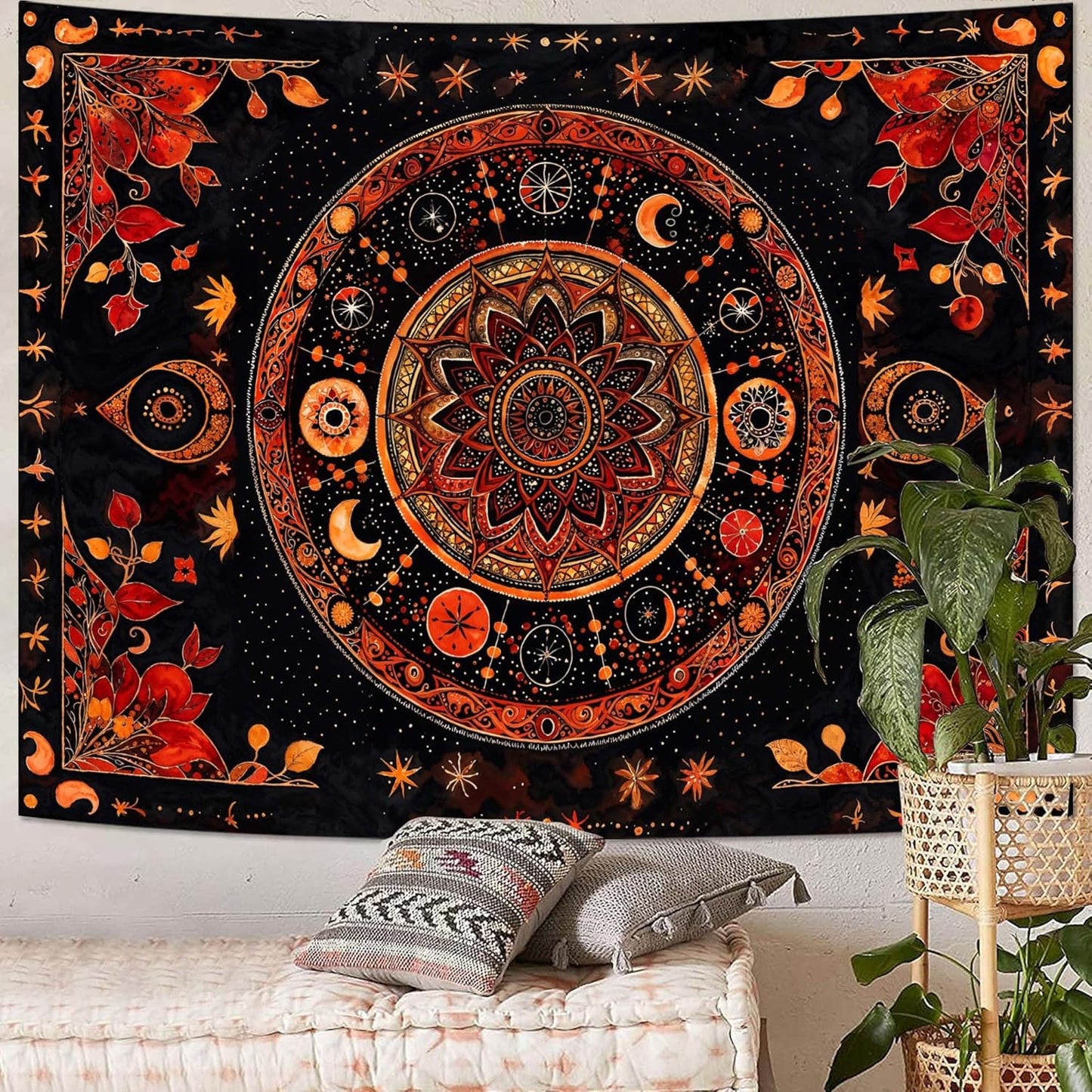 Lunerfex Mandala Moon and Stars Tapestry Boho Tapestry for Bedroom Black and Orange Tapestries Wall Hanging Living Room Wall Art and Home Decor 44x60