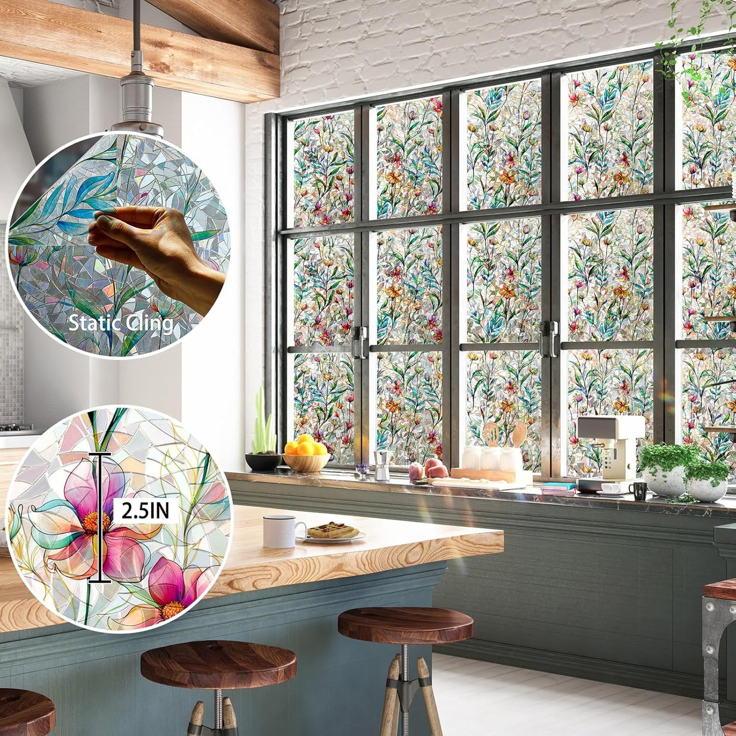 Rainbow Window Privacy Film 3D Floral Decorative Stained Glass Window Film Anti UV Non-Adhesive Reusable 17.5" x 157.4" for Home Room Car Glass Cling