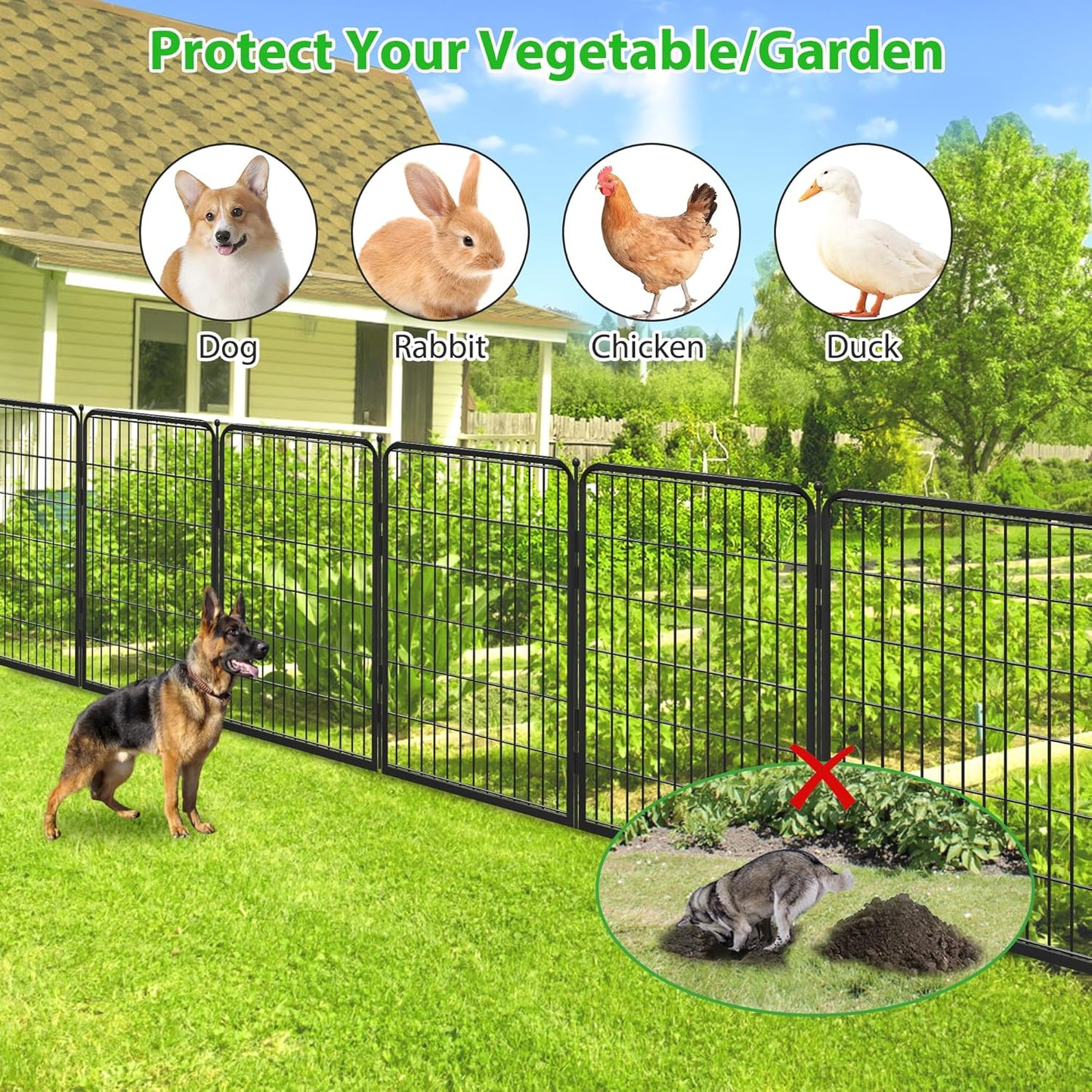 Black Metal Fencing Decorative Garden Fence with Gate 27ft(L) x 40in(H) Fence Panels No Dig Fence Rustproof Animal Barrier Fence Temporary Dog Panels Fencing Outdoor