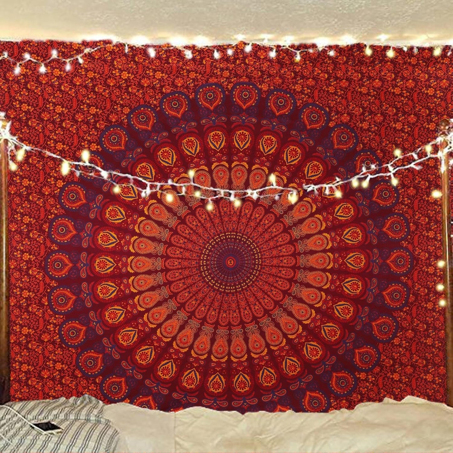 Bless International Handmade Indian hippie Bohemian Psychedelic Peacock Mandala Wall hanging College Dorm Beach Throws Table Cloth Bedding Tapestry (Golden Brown Maroon,