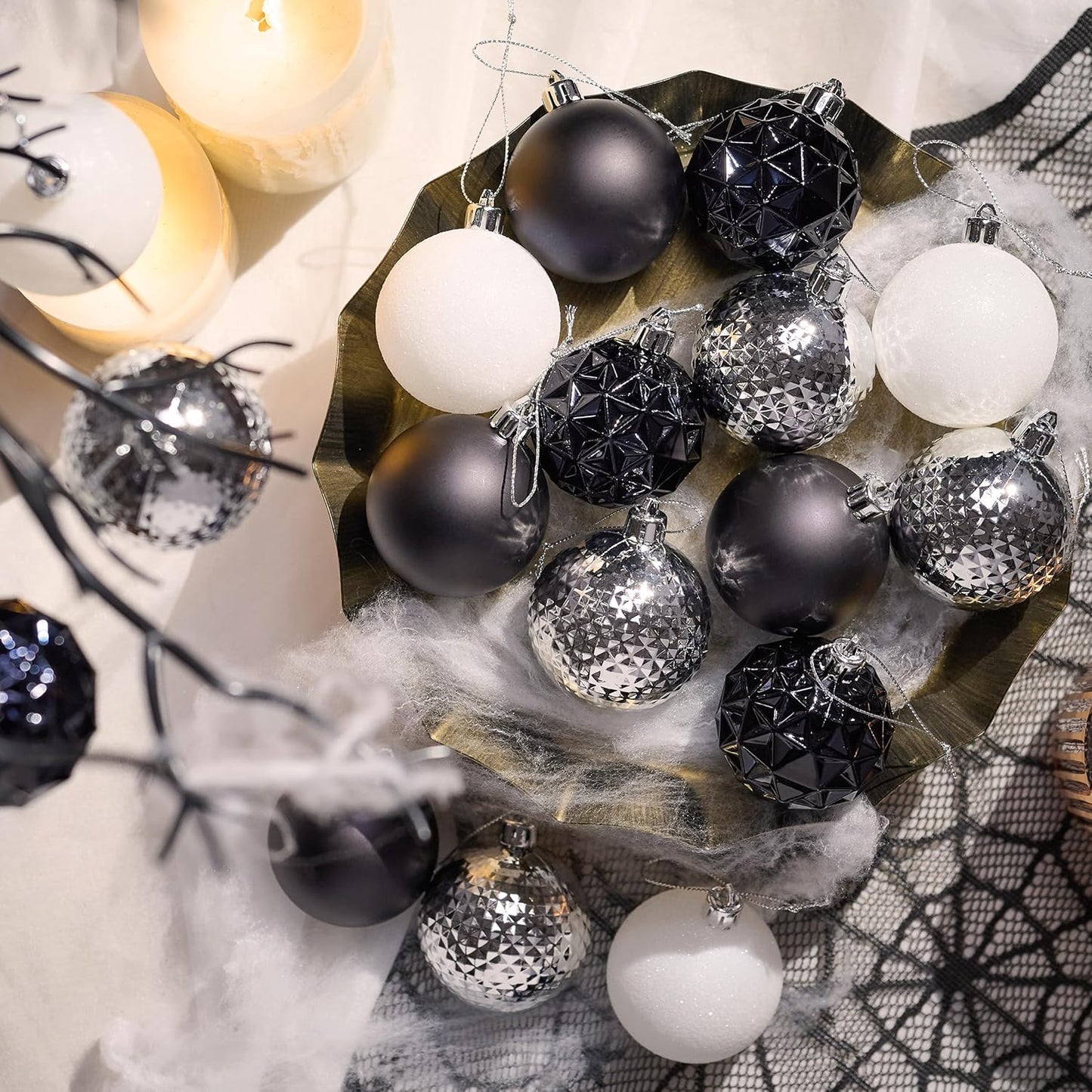 Valery Madelyn Christmas Tree Decorations Ornament Set for Fall Halloween, 50ct 2 Inches Black and White Shatterproof Christmas Ball Ornaments Hanging Xmas Holiday Party Decor