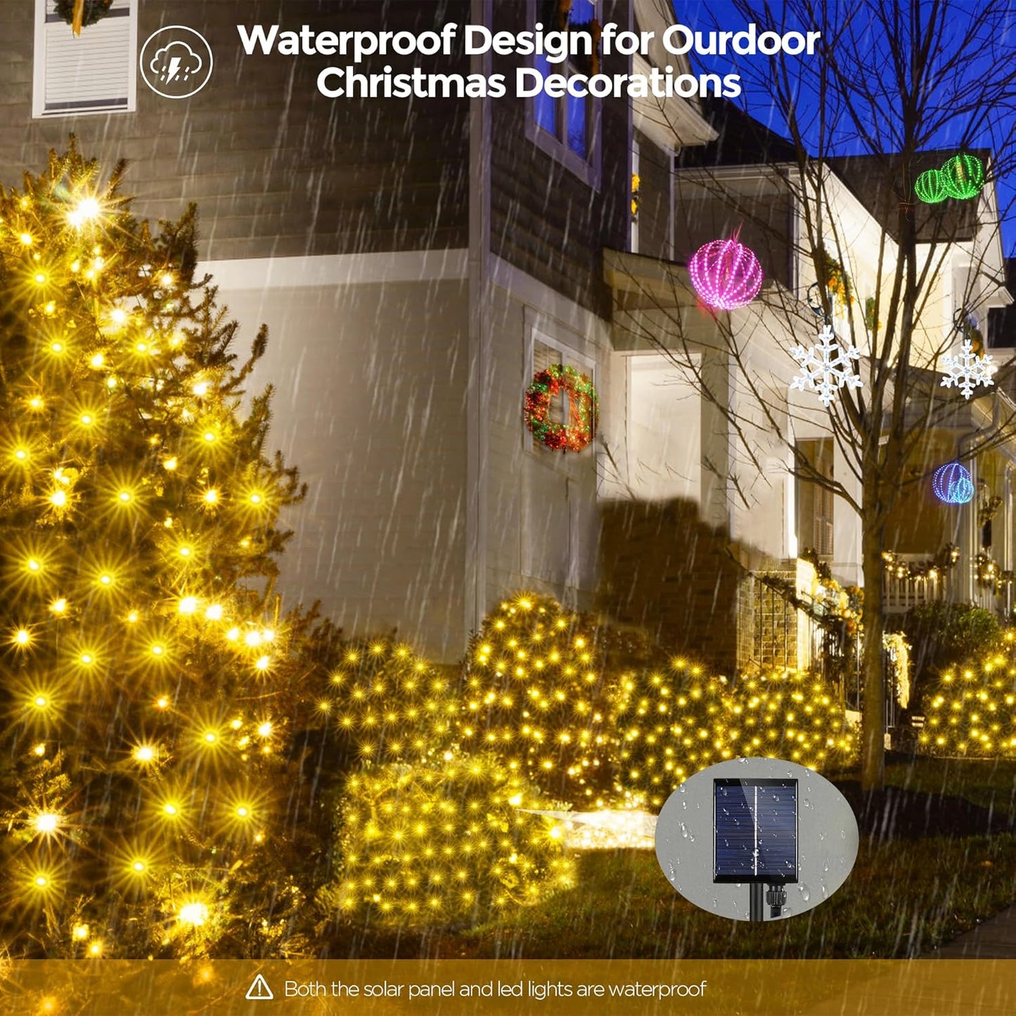 WBao Solar Christmas Lights Outdoor 360LED 11.5ft x 6.9ft Christmas Net Lights with Remote, 8 Lighting Modes, Timer, Waterproof for Lawn, Bushes, Shrub, Trees Outdoor Christmas Decorations, Warm White