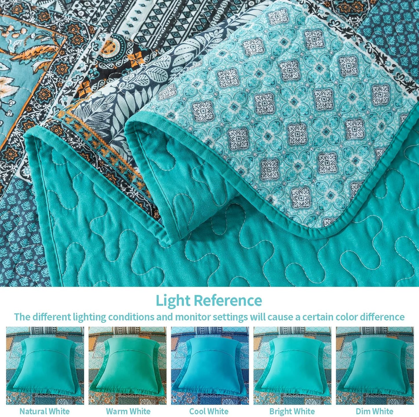 VAPUTAR Cotton Quilt Queen Size Bedding Set - 3 Pieces Queen Quilt Bedding Set, Boho Queen Size Quilts, Lightweight Reversible Coverlets Bedspreads for Farmhouse Bedroom (Teal/Green Chic)