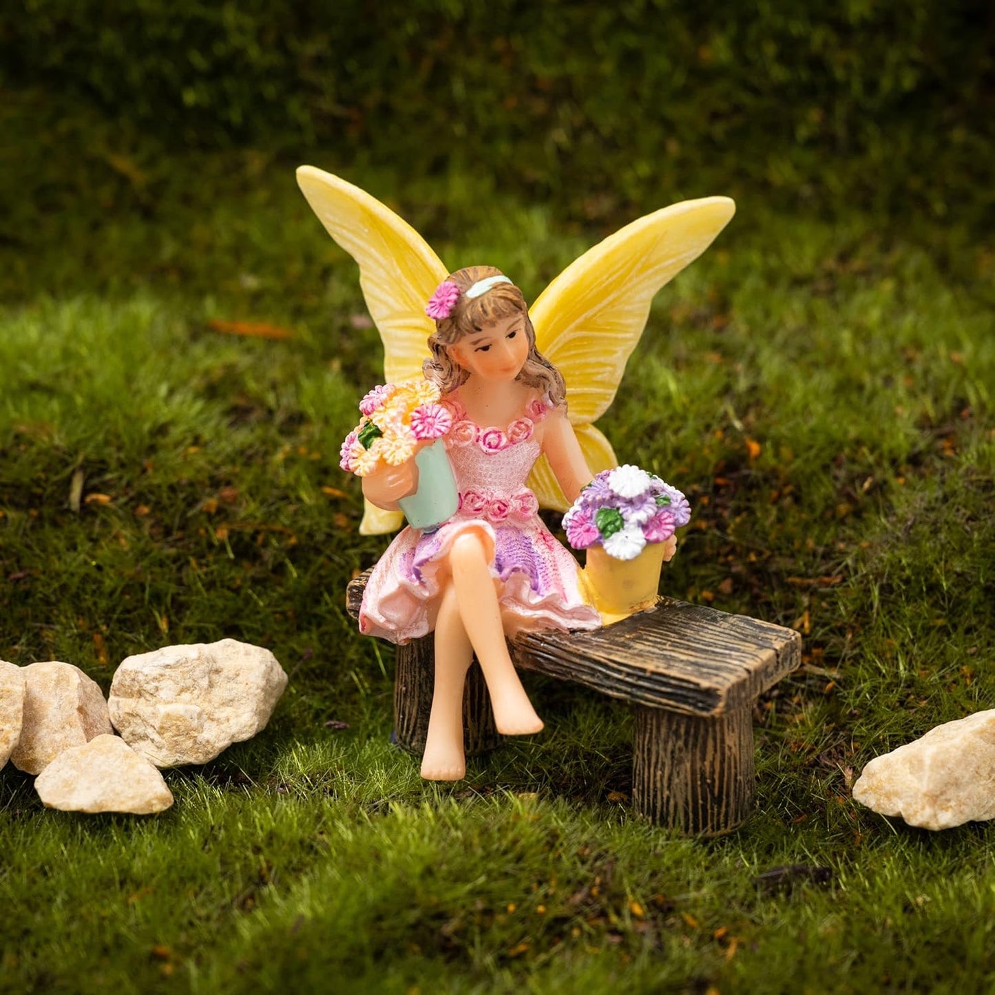 PRETMANNS Fairy Garden Fairy – Adorable Accessory for Indoor or Outdoor Miniature Garden – Small Figurine Isabella Sitting on a Bench – 1 Item