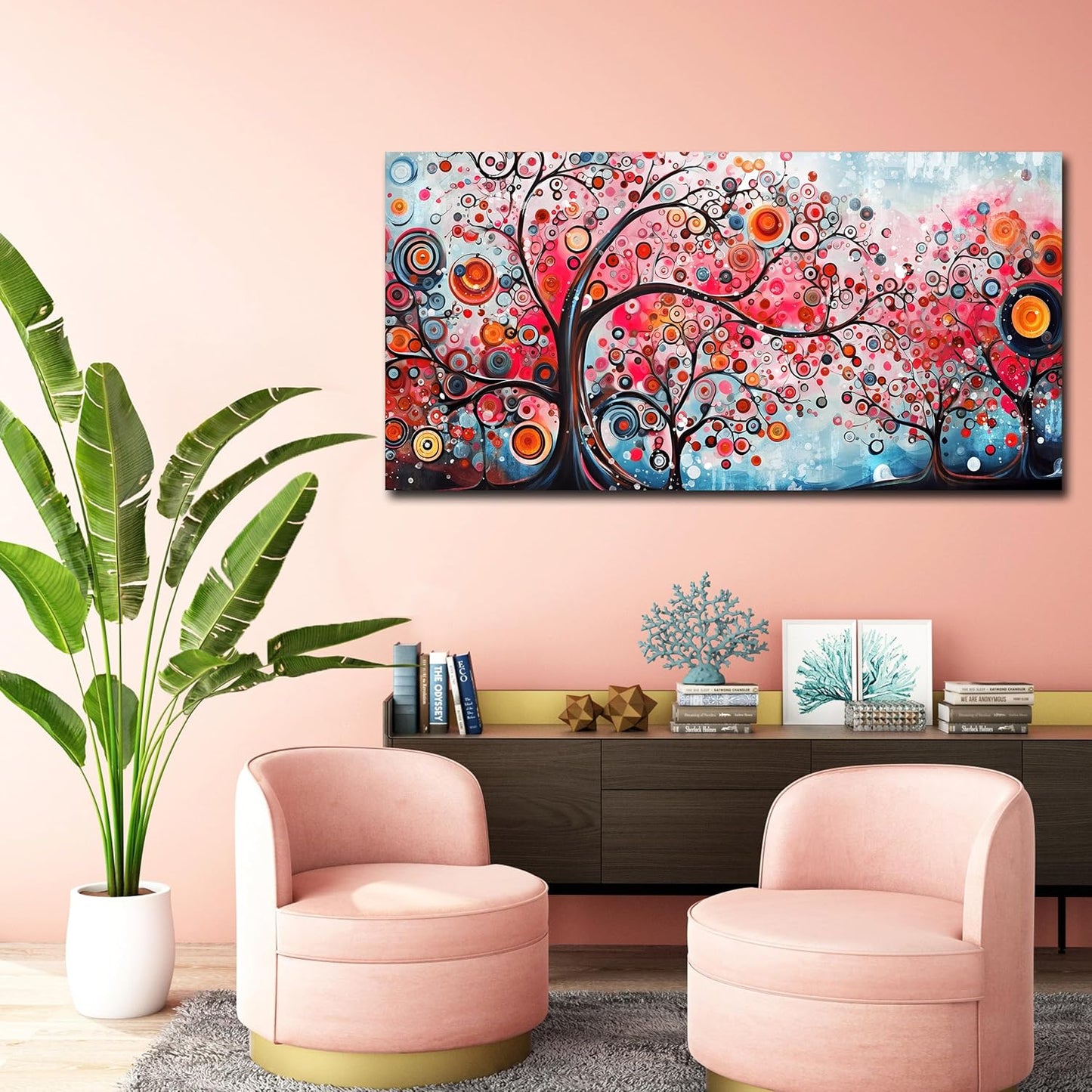 ENTANUB Tree Wall Art for Living Room, Abstract Canvas Wall Decor for Bedroom, Pink Print Paintings, Size 24x48 Inches