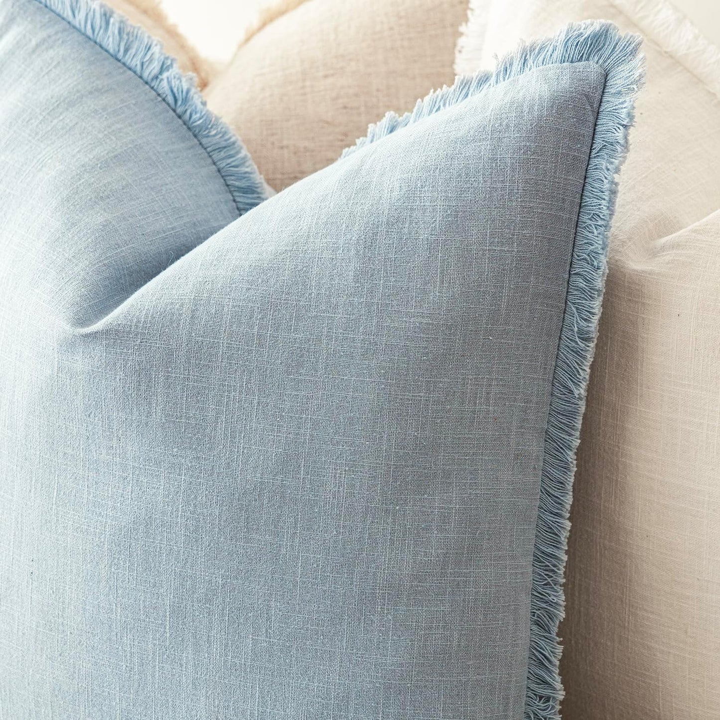 Foindtower Set of 2 Decorative Linen Fringe Throw Pillow Covers Boho Farmhouse Cushion Cover with Tassels Soft Accent Pillowcase for Couch Chair Sofa Bed Living Room Home Decor,22×22 Inch,Sky Blue