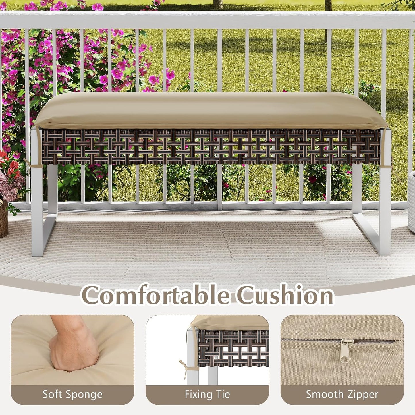 Tangkulka Outdoor Ottoman, Patio Rattan Heavy Duty Wicker Footrest with Soft Cushion & Metal Frame, Extra Seating, for Porch, Backyard, Lawn and Poolside (1)