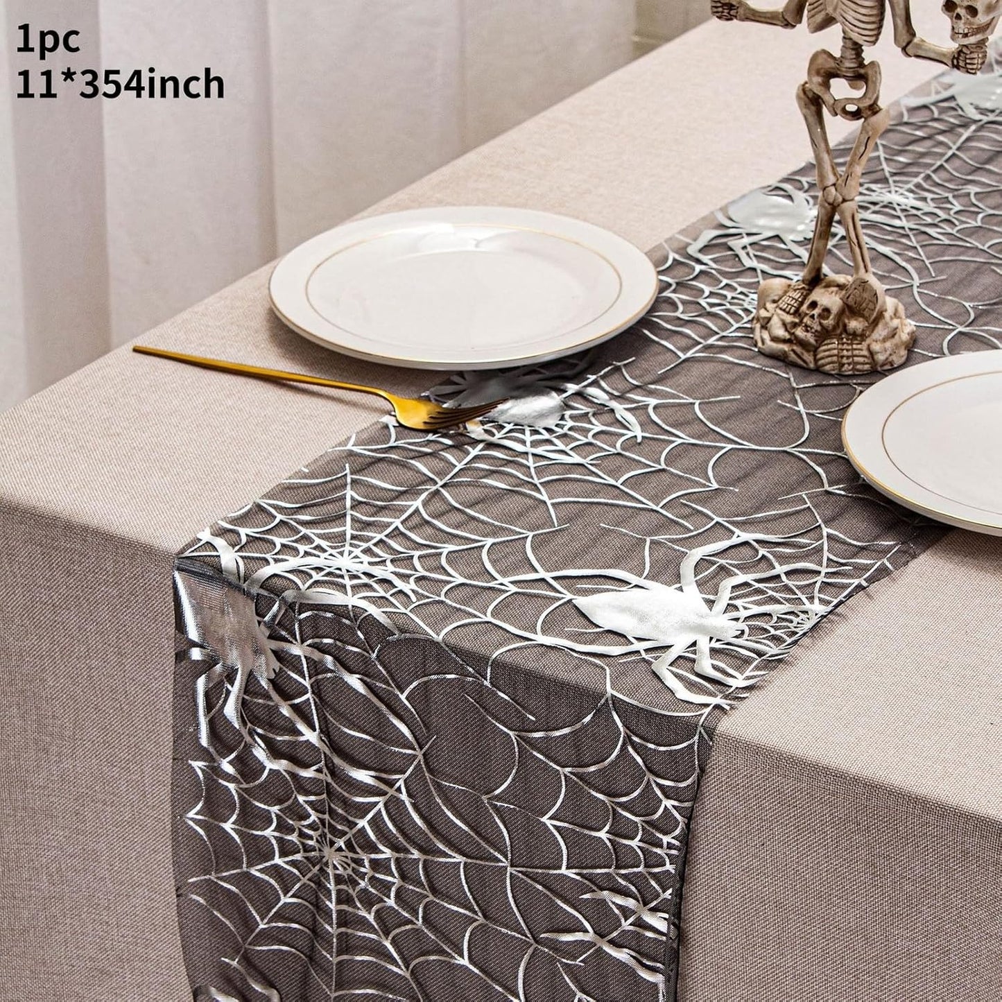 Halloween Spider Table Runner Foil Metallic Thin Mesh Runners Silver Spider Web Table Runners for Tables Kitchen Dining Decorations Party Supplies 11*108"