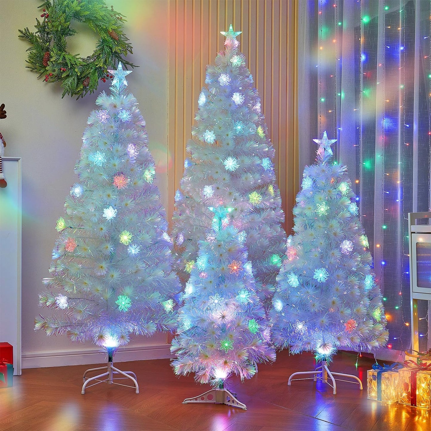 Juegoal 4ft Pre-Lit Artificial Christmas Tree, Lighted Optical Fiber Xmas Trees with Color Changing LED Lights, Snowflakes & Top Star, Party Home Holiday Fake Multicolored Tree with Metal Legs, White