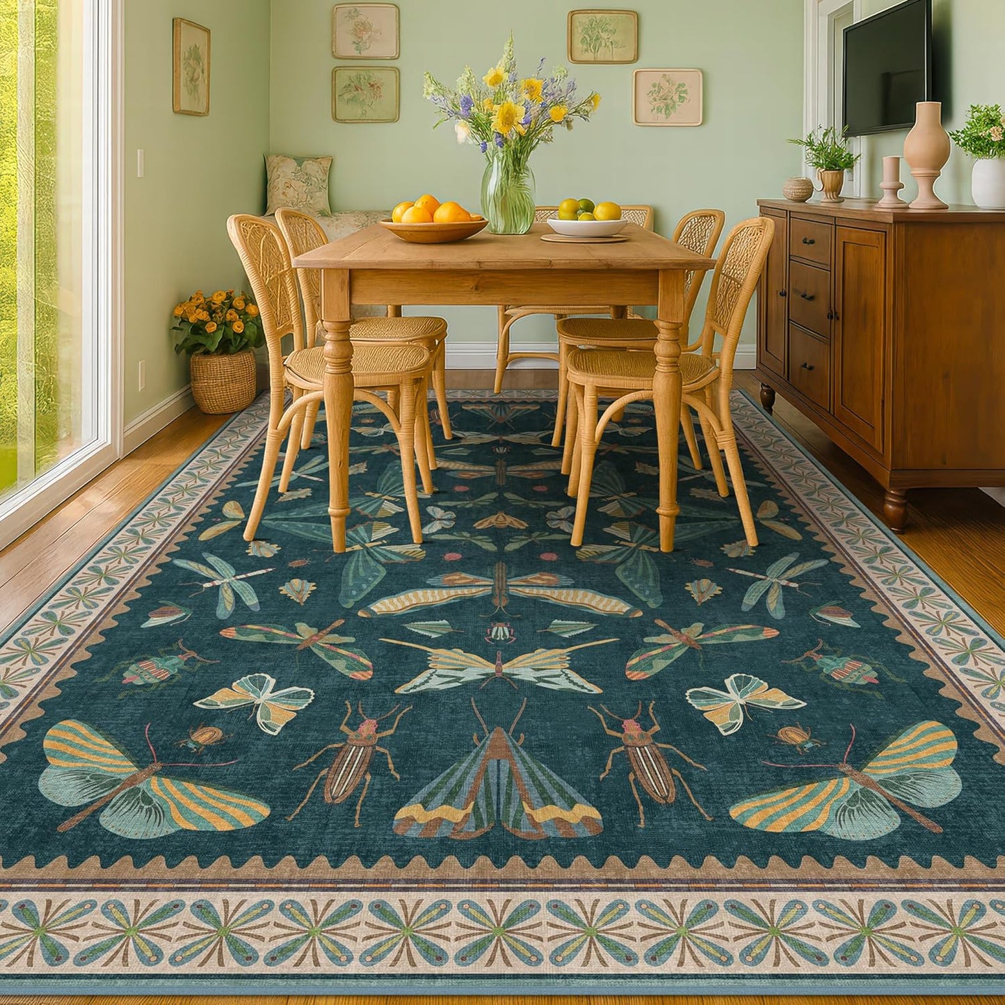9x12 Large Living Room Rug - Dark Teal Multi Dining Room Rugs for Under Table, Bedroom, Kids Room, Classroom, Insect Butterfly Floral Décor, Lightweight Non Slip Low Pile