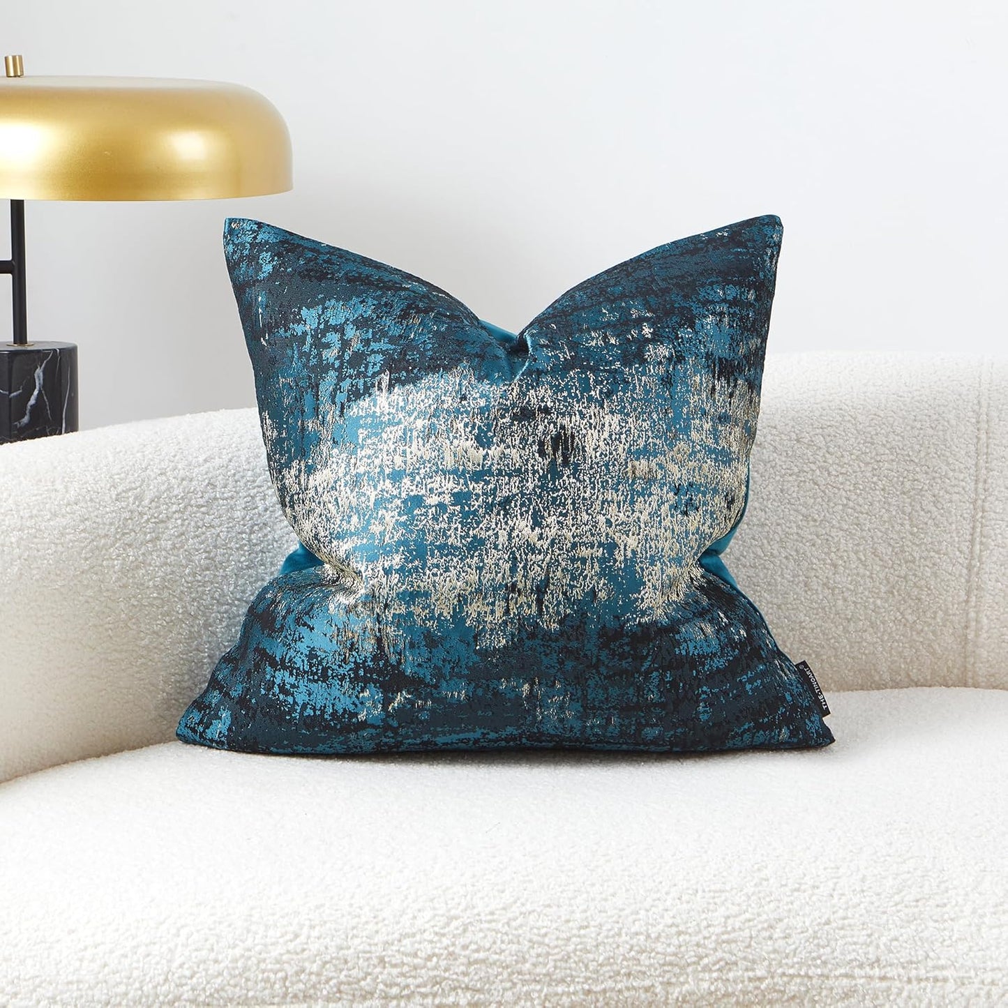 THE-TINOART Teal & Gold Embroidered Jacquard Pillow Cover 20x20 - Luxury Reversible Decorative Throw Pillow Cover with Gold Thread & Velvet Backing, Elegant Holiday Home Decor