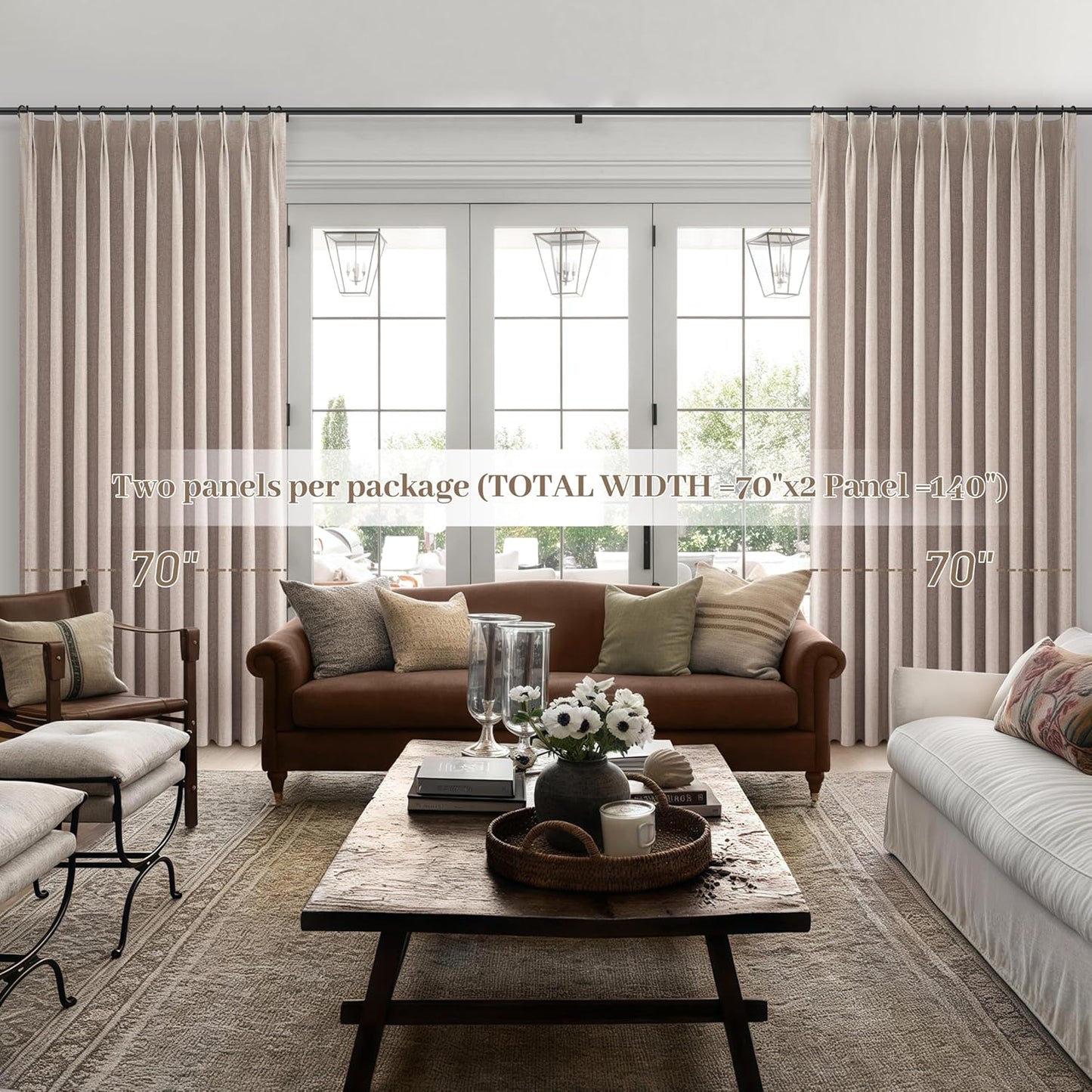 Pinch Pleated Flax Linen Blackout Extra Wide Curtain Panels for Living Room/Sliding Glass Door, Thick Burlap Memory Trained Window Drapes Insulated with Back Tab Dining Room (70"Wx96"Lx2 Panels)