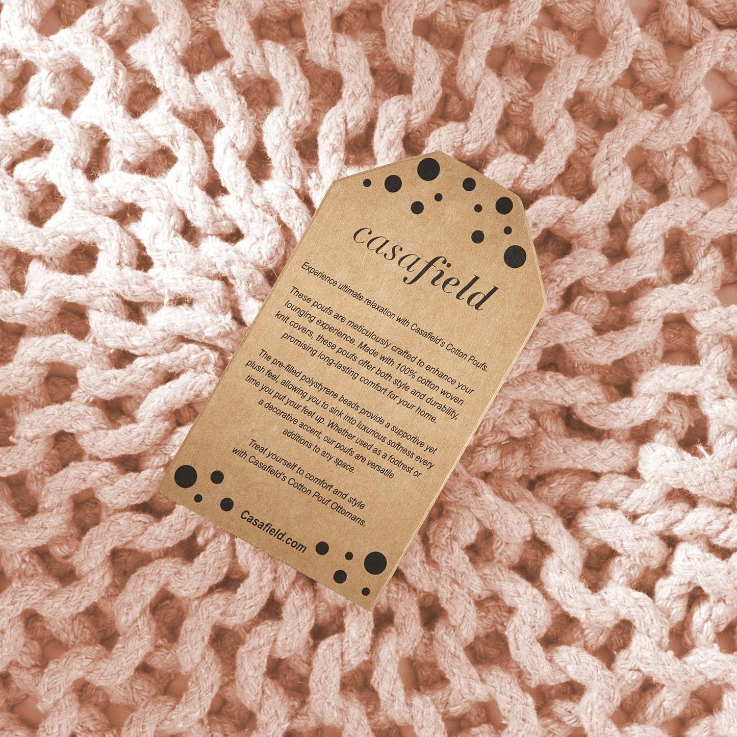 Casafield Round Pouf Ottoman, Light Pink - 20" Diameter x 14.5" High Cotton Knit Foot Stool - Boho Floor Pouffe for Living Room, Bedroom, Home Office