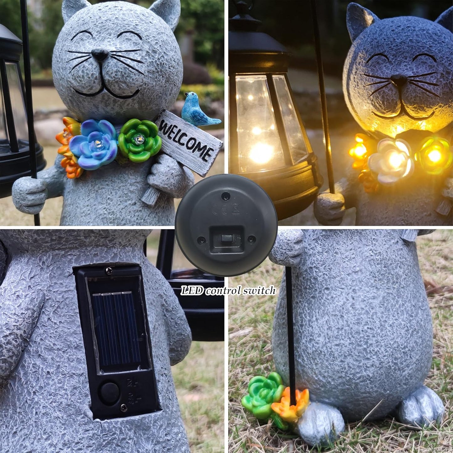 Solar Cat Garden Statues Outdoor Décor with Lantern- Cat Figurines Solar LED Light Lawn Ornaments - Yard Decorations for Patio, Balcony, Backyard -Unique House Warming Gifts for Mom