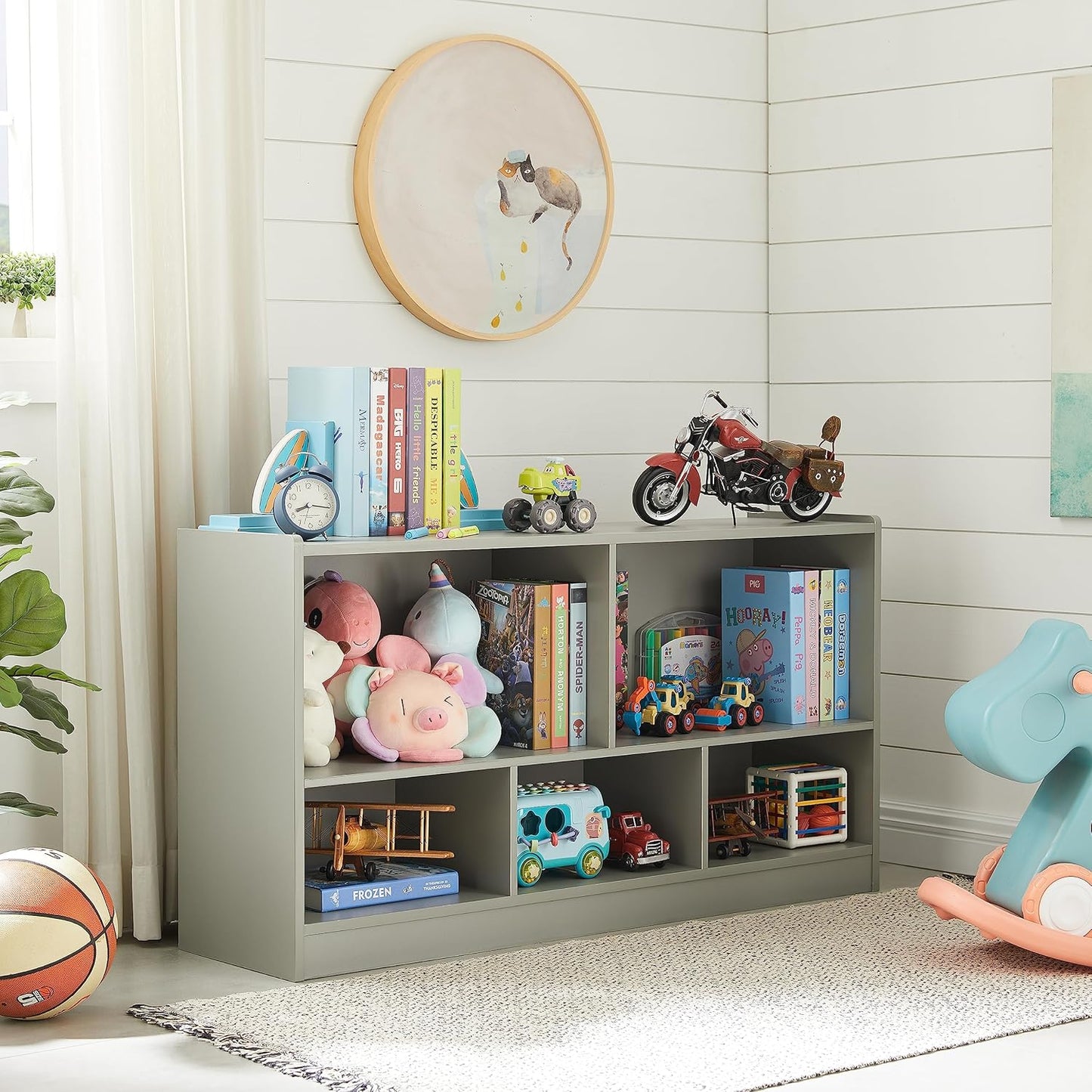 Toy Organizers and Storage, 5-Section Kids Bookshelf for Organizing Books Toys, School Classroom Wooden Storage Cabinet for Children's Room, Playroom, Nursery (Grey)