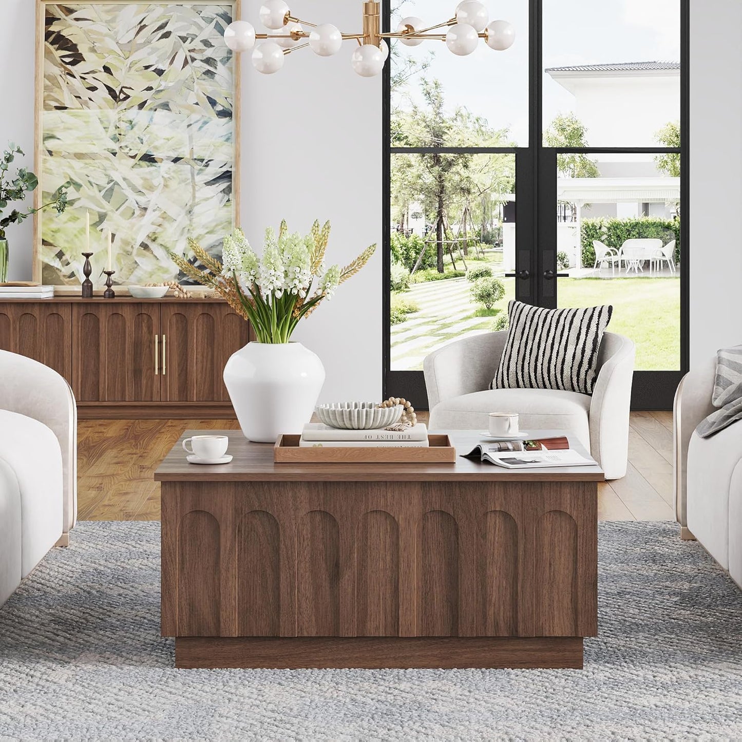 Lift Top Coffee Table with Storage, Mid Century Modern Coffee Table with Arched Design, 31.5" Square Tea Table with Wood Grain, Multifunctional Center Table for Living Room, Office, Walnut