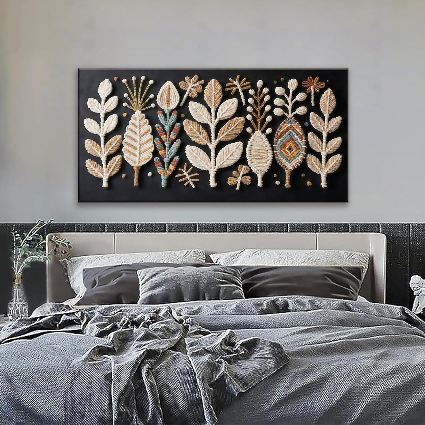 Boho Black Wall Art Chic Home Wall Art Modern Multicolor Leaves Feather Canvas Wall Art Decor For Living Room Bedroom Apartment Kitchen 24"W X 48"L Ready To Hanging