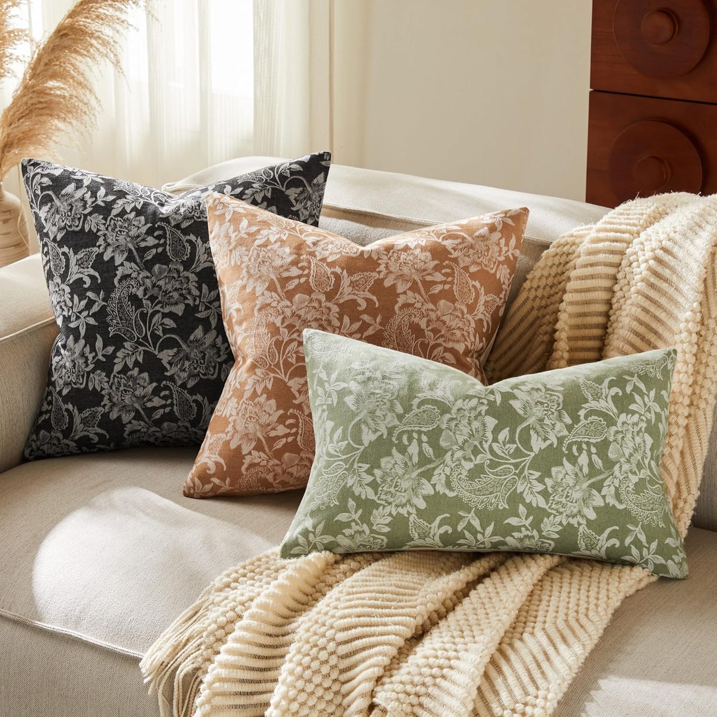 Floral Jacquard Throw Pillow Covers Set of 2, Background/Caramal 22x22 Inch, Farmhouse Decorative Cotton Caramal Cushion Covers for Sofa Bed Living Room Home Decor 