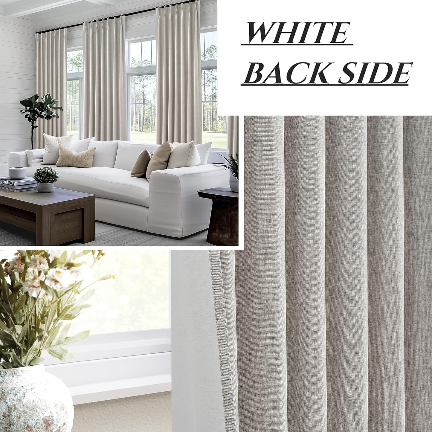 Natural Melange Taupe Blackout Curtains 108 Inch Extra Long Linen Viral Curtain with Pinch Pleat Clips&Hooks, Floor to Ceiling Drapes for Living Room 106 inch Large Window Burgs (40"Wx108"Lx2Panels)