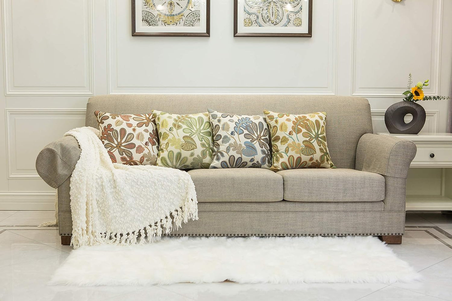 Set of 2 Jacquard Tropical Leaf Pattern Throw Pillow Covers Decorative Pillowcase 22X22 Inches,Green Cream