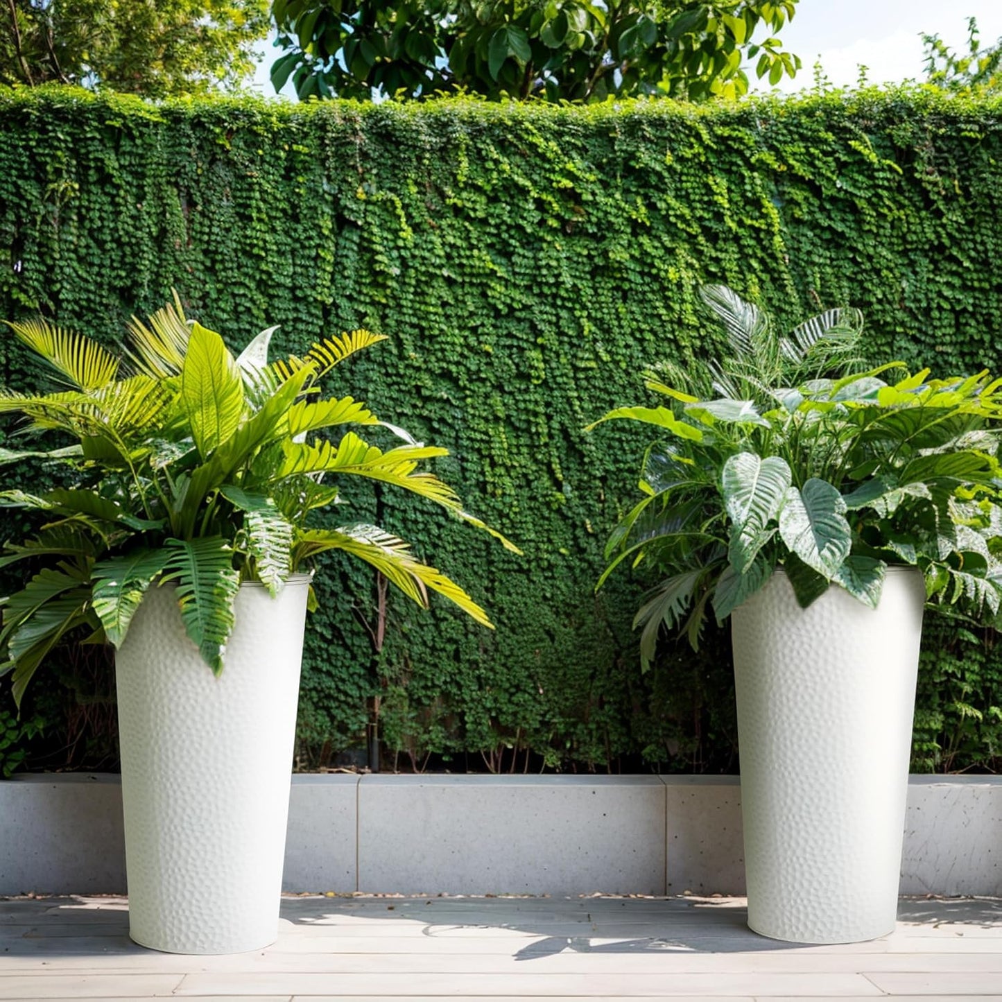 KOL 25" H. Metal Hand-Hammered Planters with Inner Pots 2-Pack, White Decor Planter for Deck, Patio, Porch - Galvanized Steel Handcrafted Flower Pot - w/Water Level Indicator - Indoor Outdoor Use