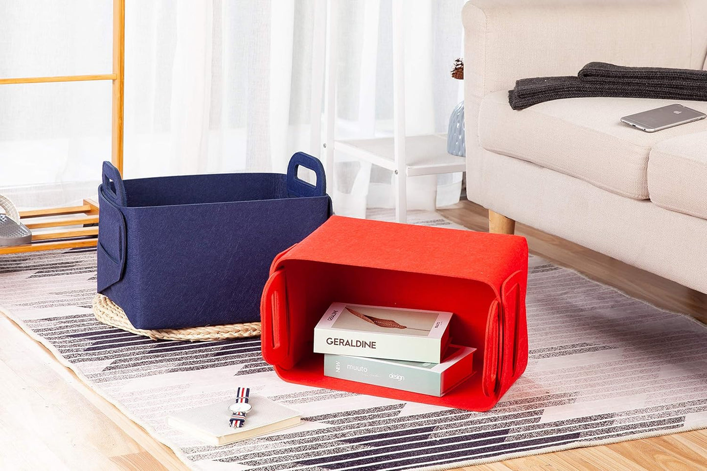Minoisome Storage Basket Felt Storage Bin Collapsible& Convenient Box Organizer with Carry Handles for Office Bedroom Closet Babies Nursery Toys Laundry (Red, 13.8inch(L)×9.5inch(W)×8.3inch(H))
