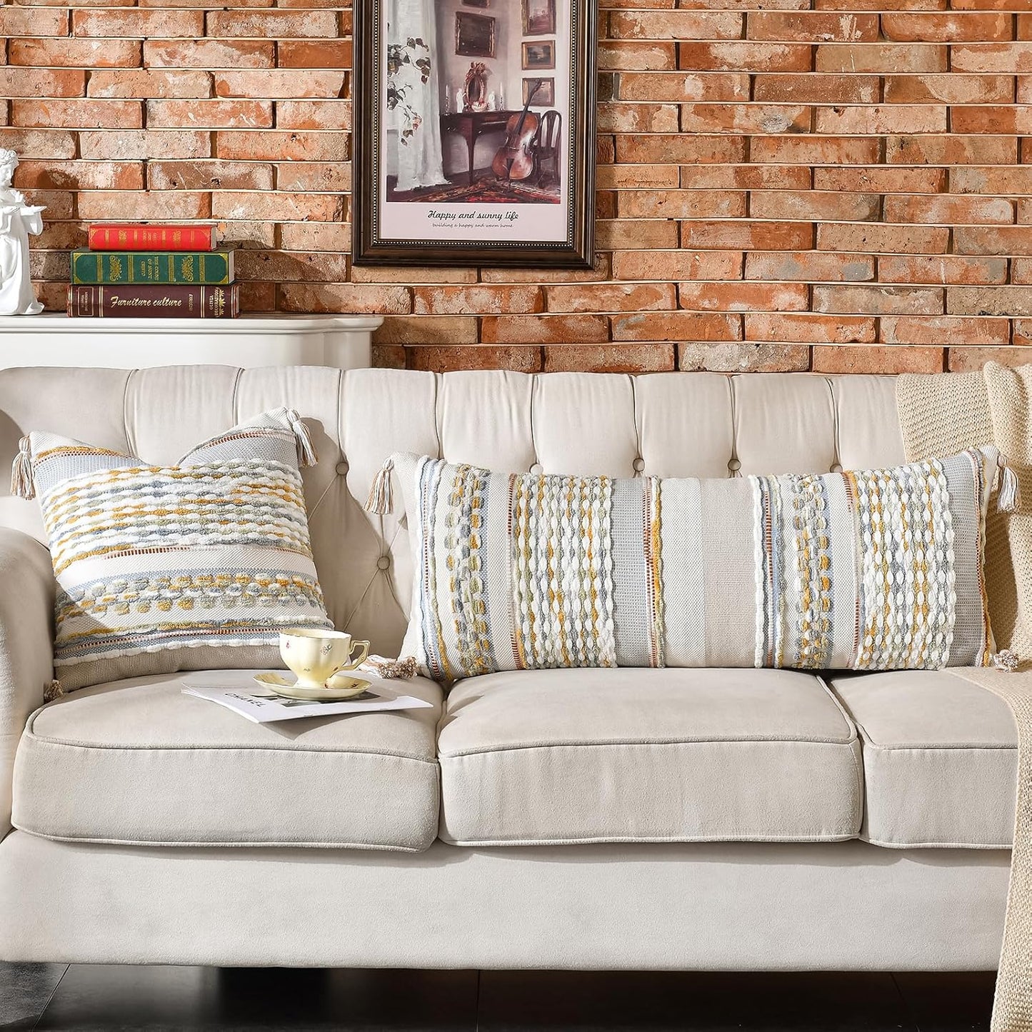 AmHoo Chenille Striped Textured Boho Throw Pillow Covers Aesthetic with Tassels Woven Decorative Pillow Case for Couch Bed Sofa Bedroom Modern Funky 14 x 36-Inch Grey