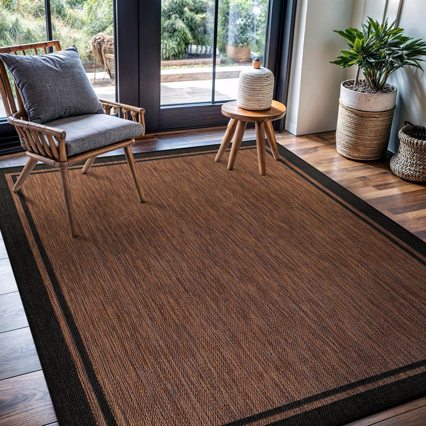 CAMILSON Indoor Outdoor Rug, 6x9 Bordered Nut Brown Black Modern Area Rugs for Indoor and Outdoor Patios, Kitchen and Hallway Mats, Washable Porch Deck Outside Carpet (Bordered Nut Brown Black, 6 x 9)