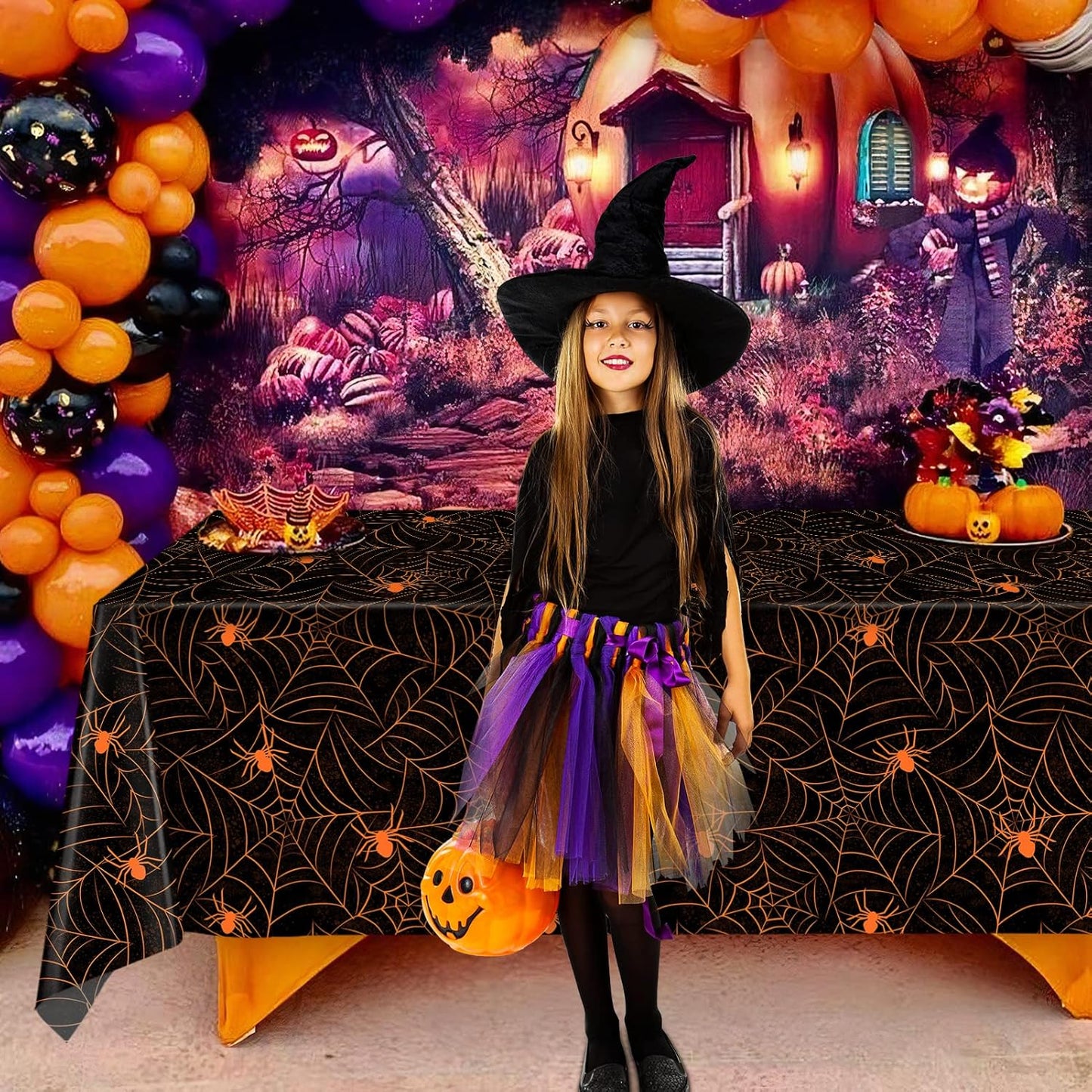 TREWAVE 3 Pack Halloween Spiderweb Tablecloth Rectangular Plastic Spider Web Table Cloth Large Size Table Covers for Home Decor Halloween Party Decorations 54" x 108" (Orange Spider)