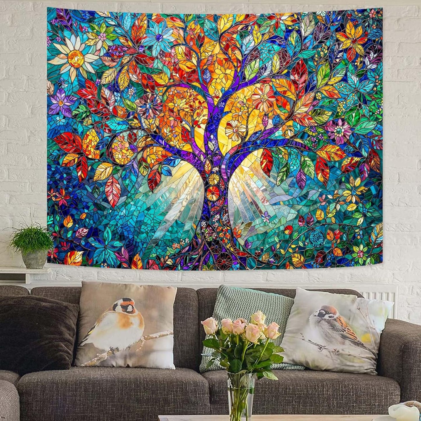 Lunerfex Tree of Life Tapestry Stained Glass Tapestry Wall Decor Tapestries for Bedroom Art Tapestries Wall Hanging for Bedroom Living Room Glass-Tree-02 44"x60"