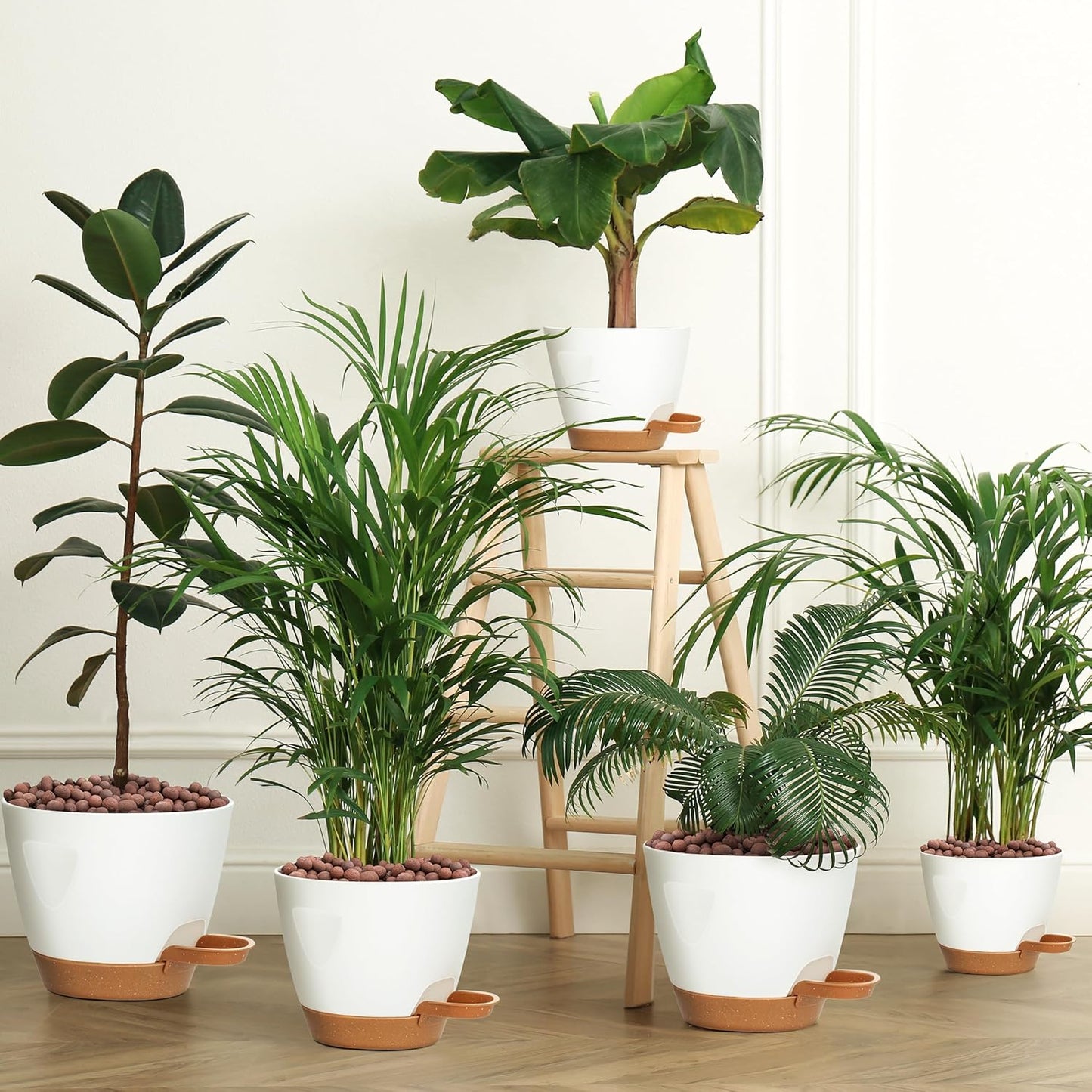 Uneed Indoor Self Watering Planters with Drainage Holes and Saucers, 7/6.5/6/5.5/5 Inch-5 Pots,for Indoor Plants, Herbs, Succulents (White)