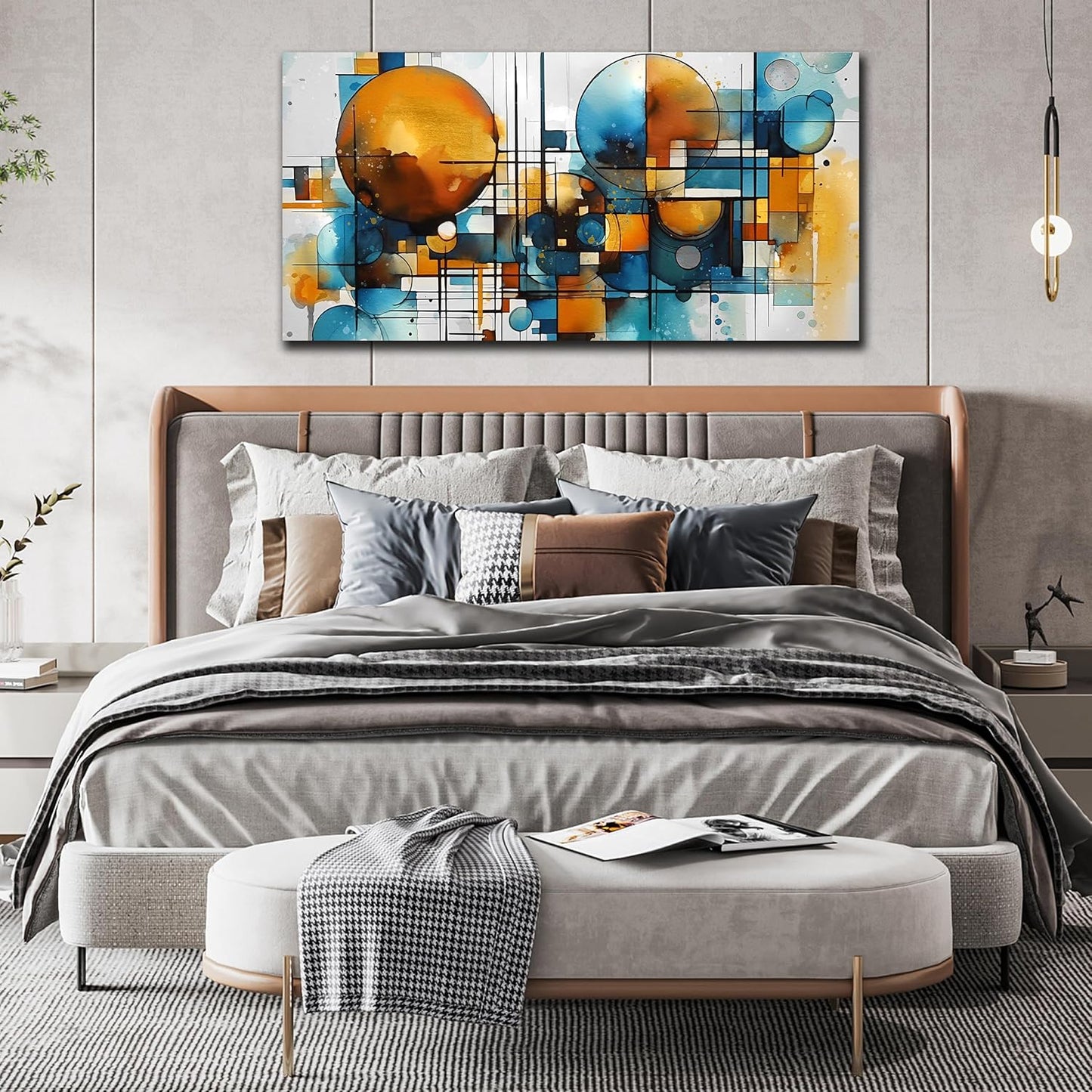 ENTANUB Abstract Canvas Wall Art for Living Room, Circle Wall Decor for Bedroom, Orange and Blue Canvas Print Paintings Artwork, Size 24x48 Inches