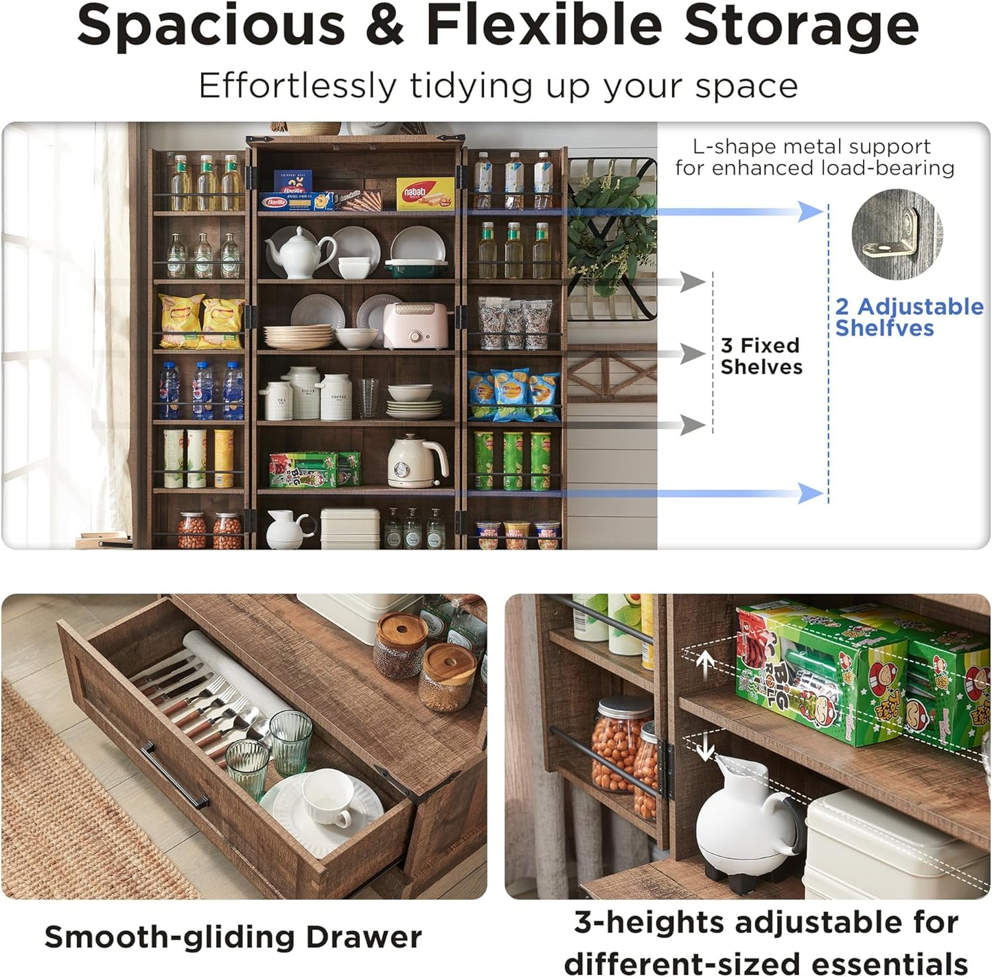 72" Farmhouse Kitchen Pantry Cabinet With Drawer, Tall Storage With 2 Barn Doors and Shelves, Versatile Large Rustic for Dining Room, Bathroom, Living Room, Rustic Brown