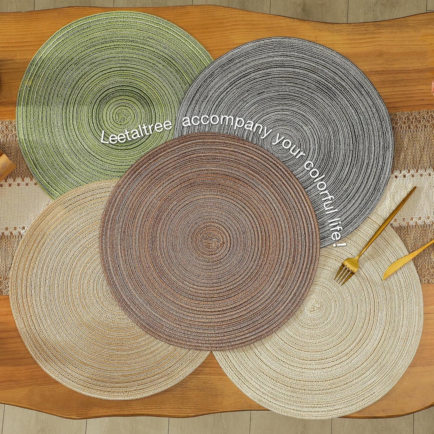 Leetaltree Round Placemats Heat and Slip Resistant Cotton Table Mats, Washable Bohemian Placemats for Dining Tables (Charcoal, Set of 6)