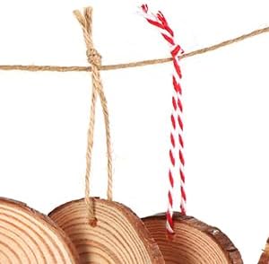 60 Pcs Wood Slices for Crafts, 1.7"-2.1" Pre-Drilled Holes Wood Rounds, 66 FET Twine String, Wooden Circles for Crafts Burning Painting DIY Crafts Christmas Wedding Party Wedding Decor Party