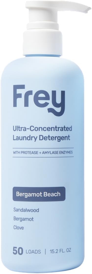 FREY Concentrated Liquid Laundry Detergent | Formulated for Sensitive Skin & HE Washers | Removes Stains Effectively | 50 Loads per Bottle (1-pack Bergamot Beach)