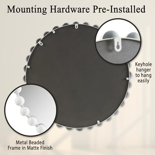 Madison Park Round Mirror, Metal Frame Circle Mirror 27 inch, Wall Art Decor Mounted Hanging for Entryway, Bathroom, Hallway, Living Room, Vanity, Marlowe, White